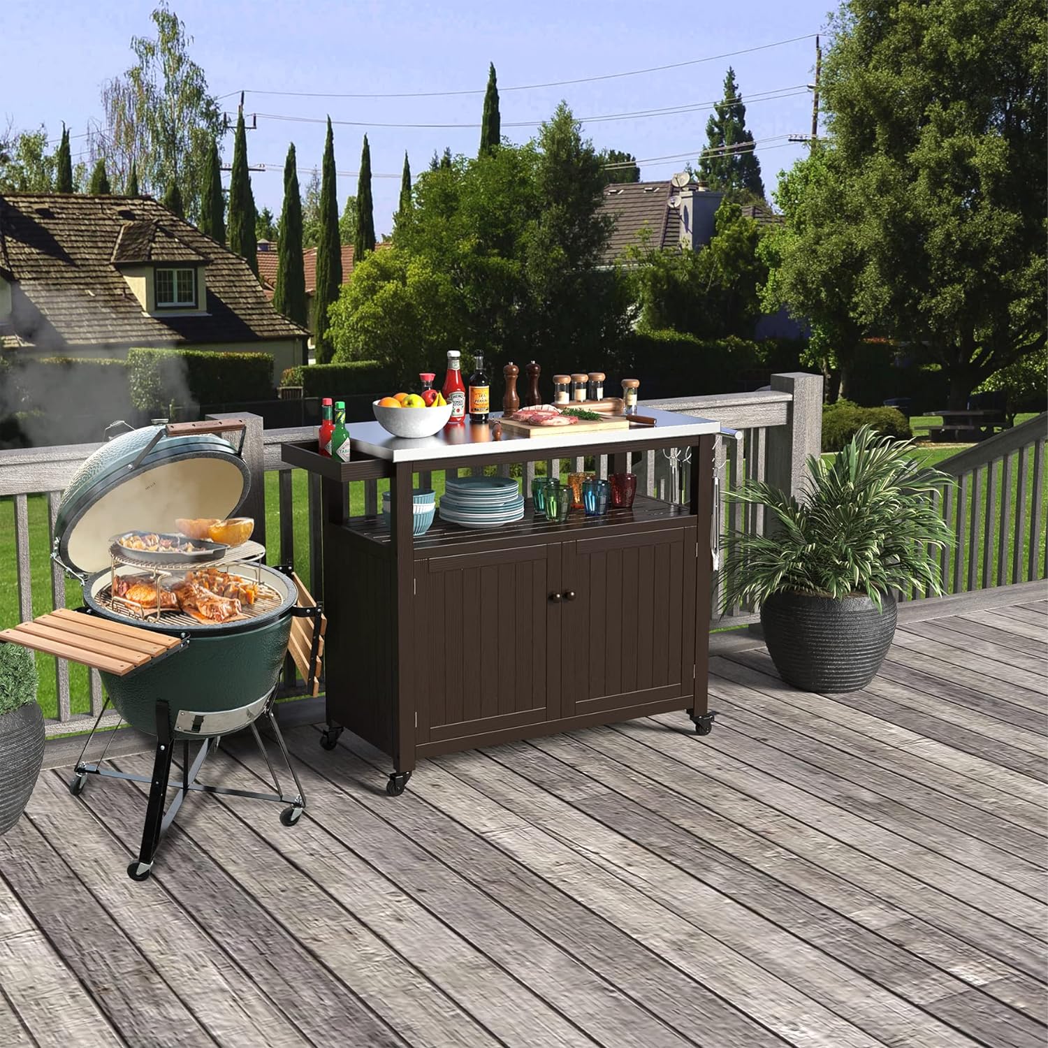 Premium Outdoor Storage Cabinet & Grill Table – Solid Wood, Stainless Steel Top, Dark Brown, Mobile with Wheels