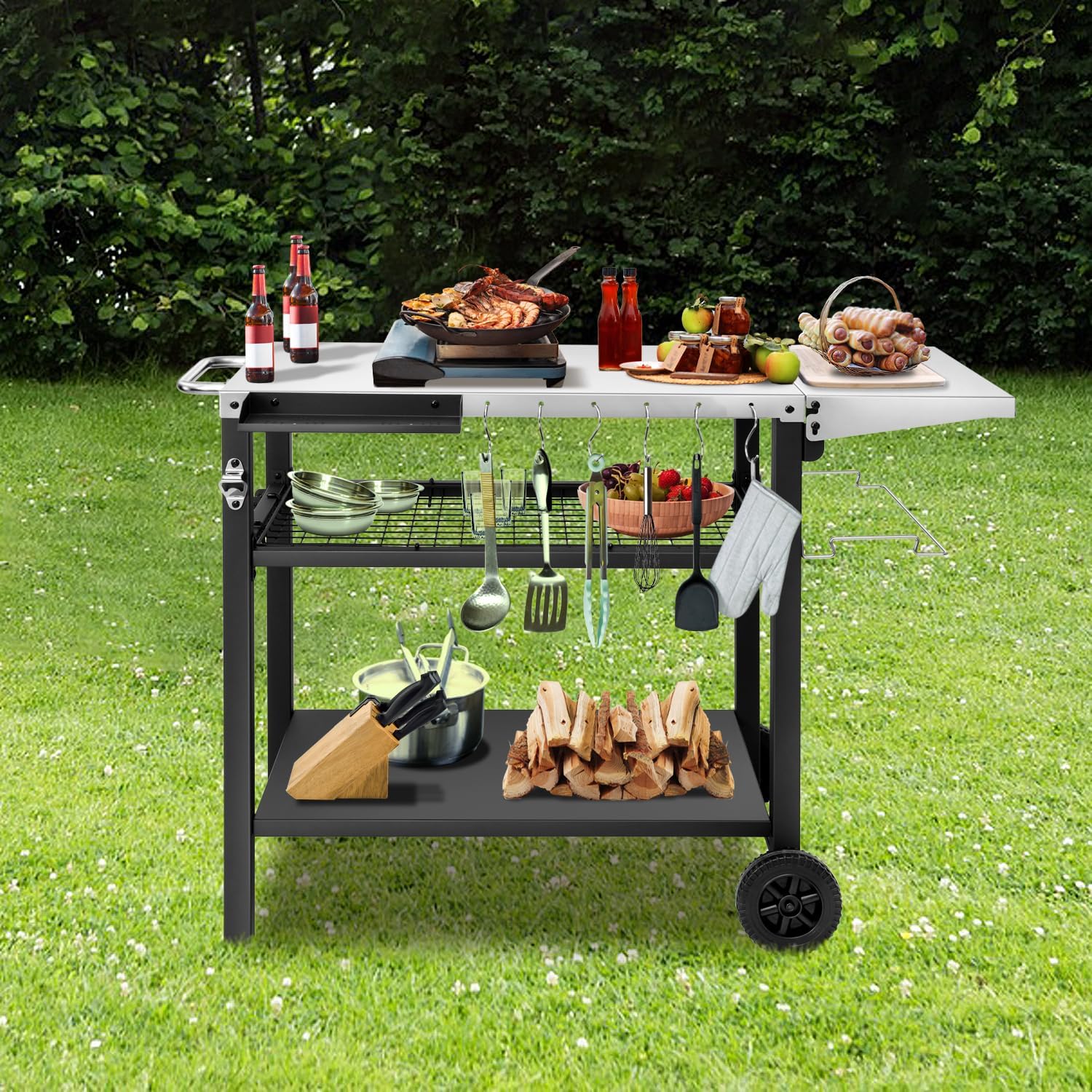 Stainless Steel Outdoor Grill Cart & Pizza Oven Stand with Wheels, Foldable Side Table, Spice Rack & Bottle Opener