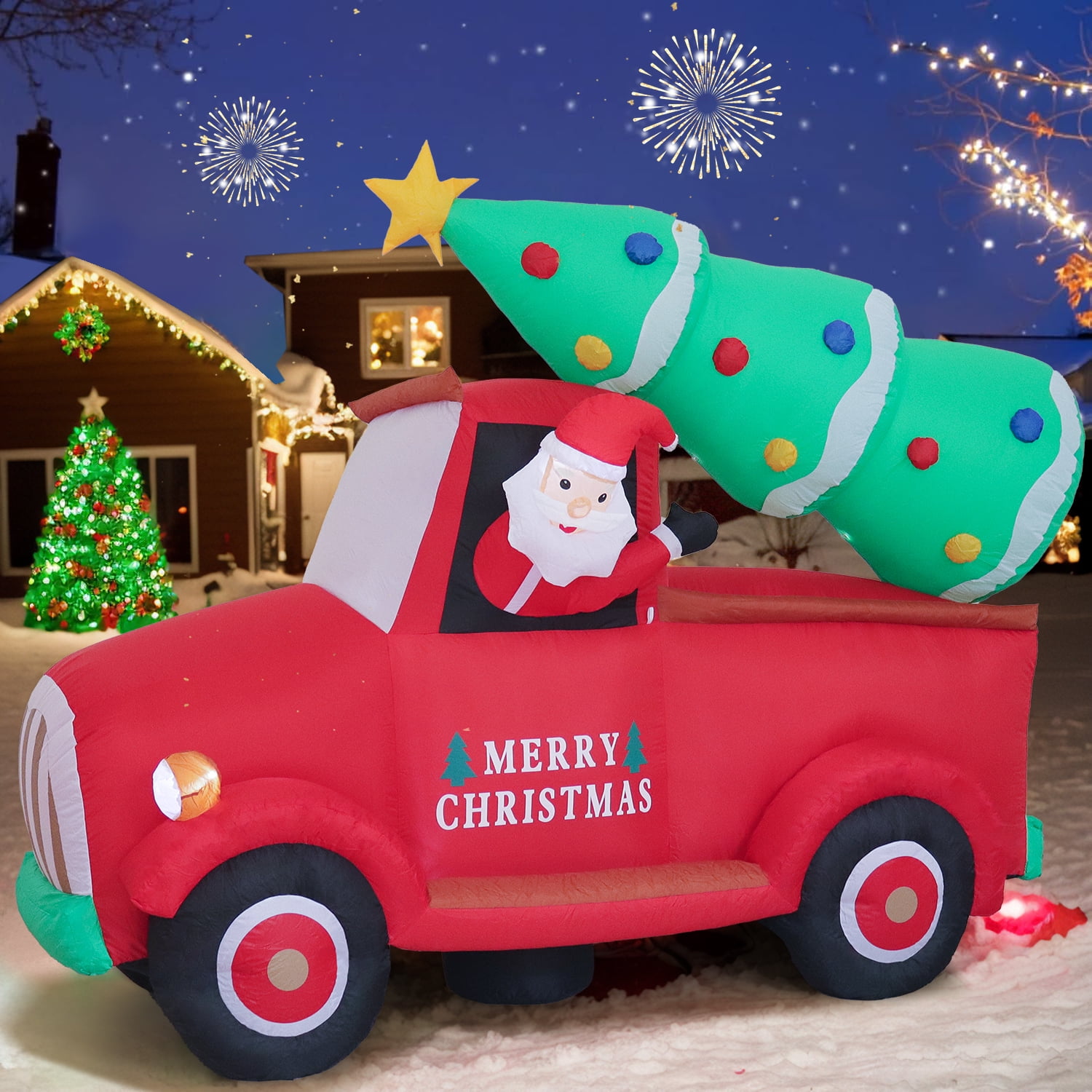 Inadays Christmas Inflatable Santa Red Truck with Tree, 7.2ft Durable Outdoor Decor