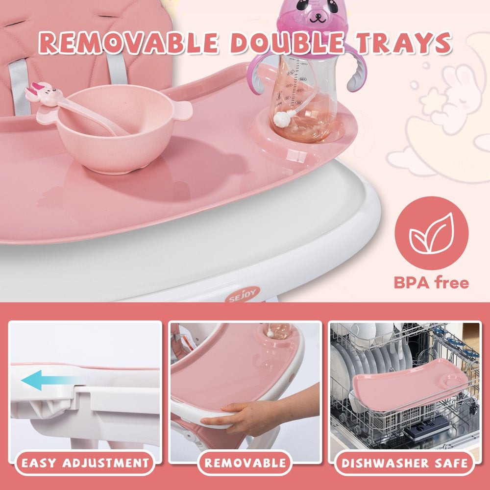 SEJOY Foldable Adjustable 3-in-1 Baby Highchair, Pink, with 6 Height Levels & BPA-Free Tray