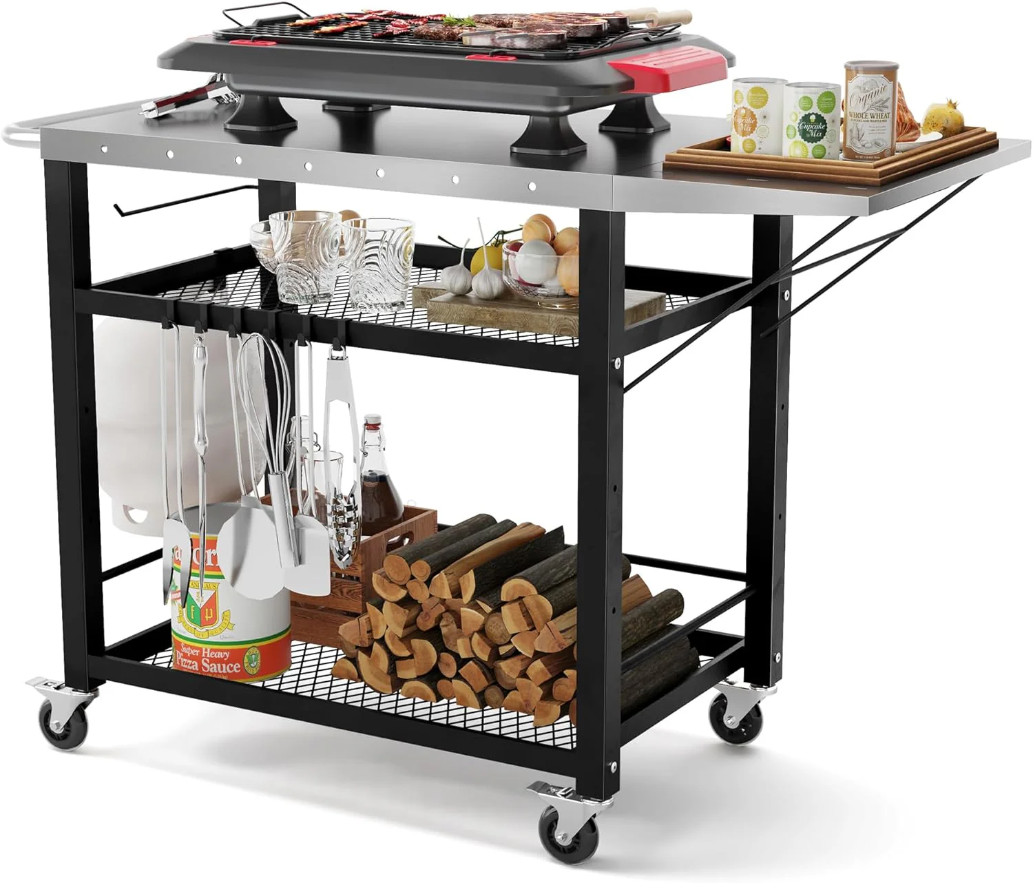 LUE BONA Outdoor Grill Cart Table – Portable, Foldable with Adjustable Storage & Tool Hooks