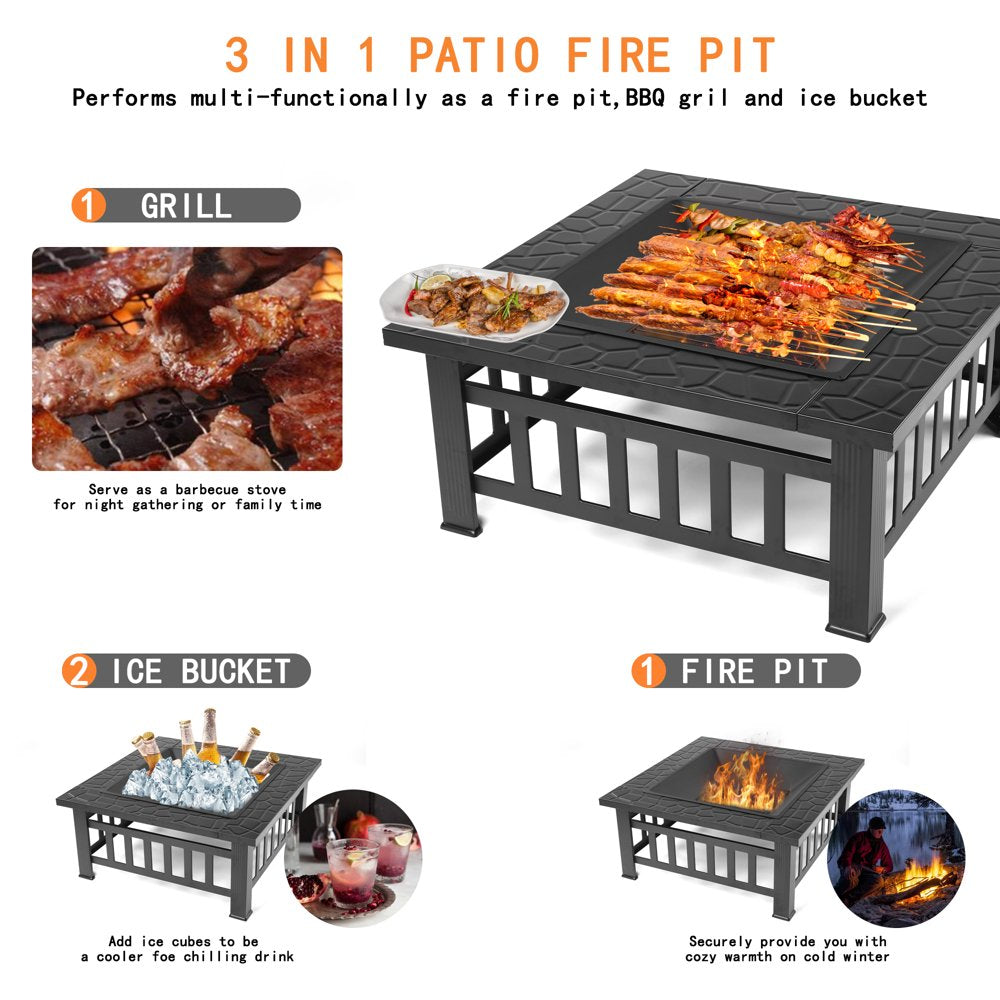 UHOMEPRO 32′′ Outdoor Fire Pit Table, Rust-Resistant Steel, Mesh Lid, BBQ Net, Ice Tray, Cover Included