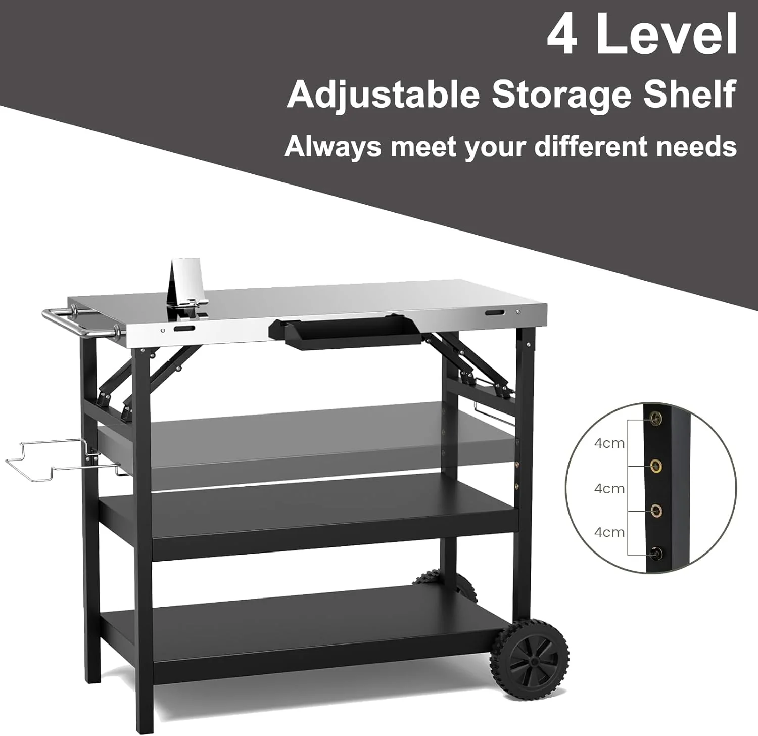 Outdoor Grill Cart Table with Stainless Steel Top, Adjustable Shelves, Spice Rack & Hanging Hooks