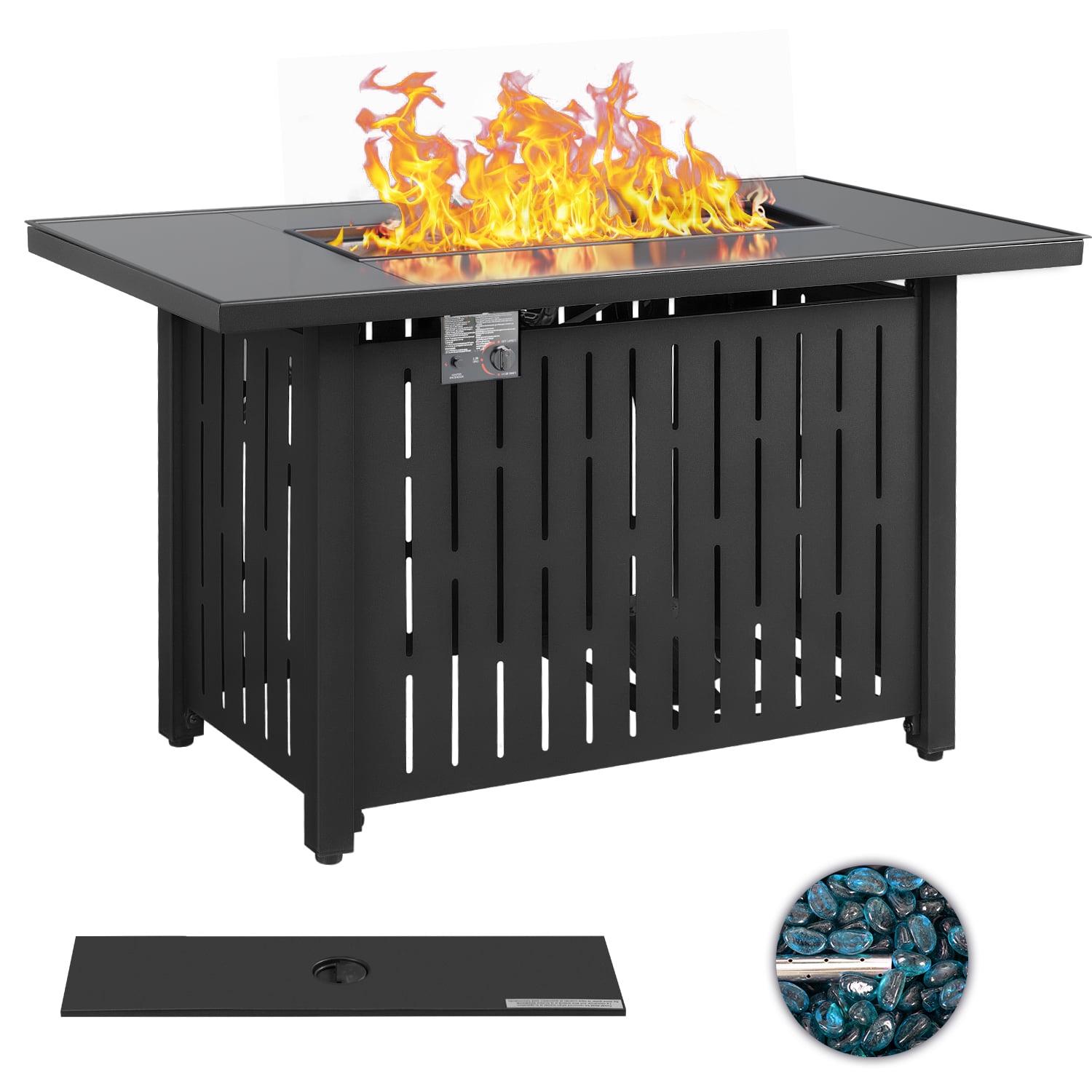 Vineego 43′′ Gas Fire Pit Table, 50,000 BTU, Black, Propane, Outdoor/Indoor, Auto-Ignition, Includes Blue Fire Glass & Cover