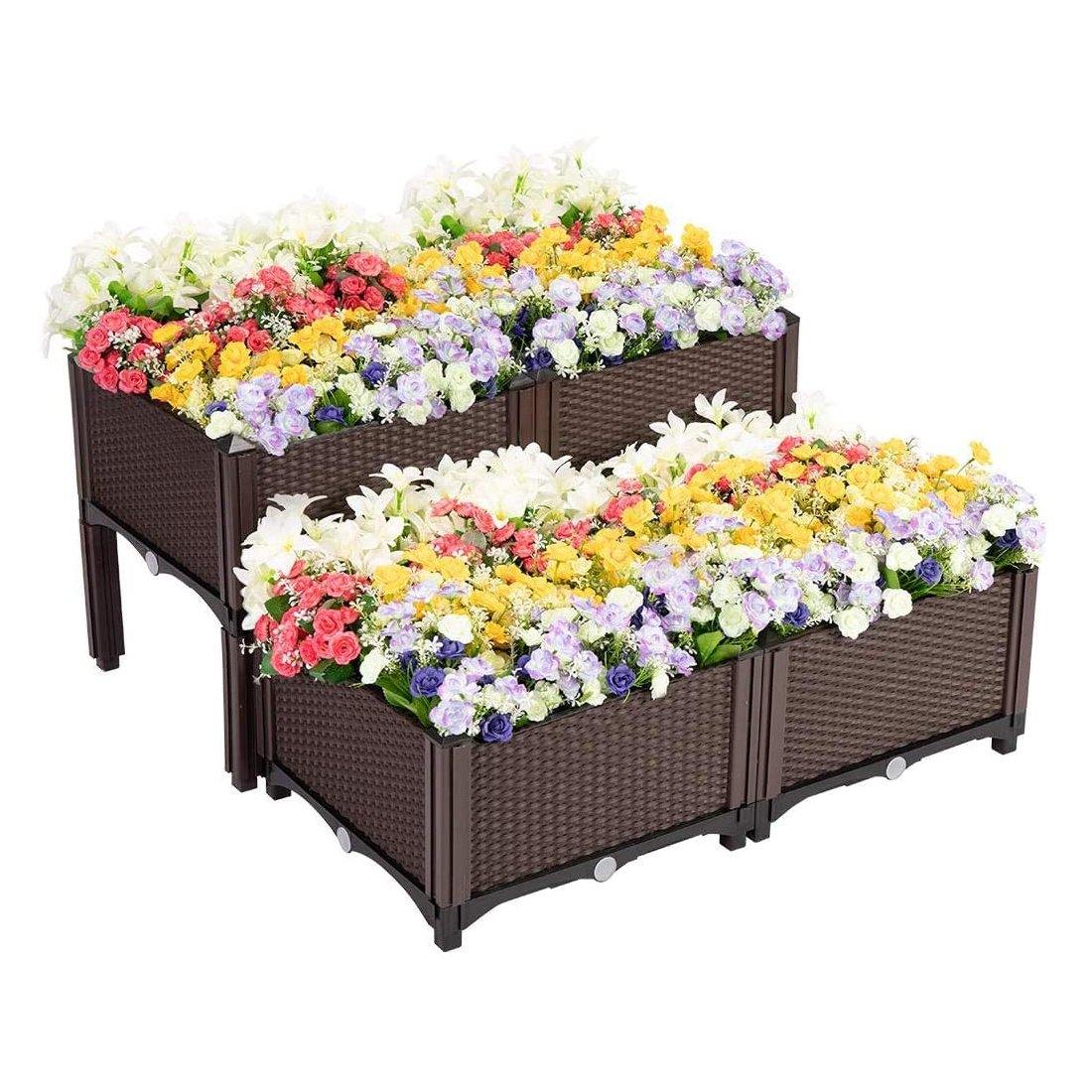 Premium Raised Garden Bed Planter Kit by Elevated – Set of 4, Self-Watering, Reinforced PP, Rattan Pattern, 19.5′′x19.5′′, Brown