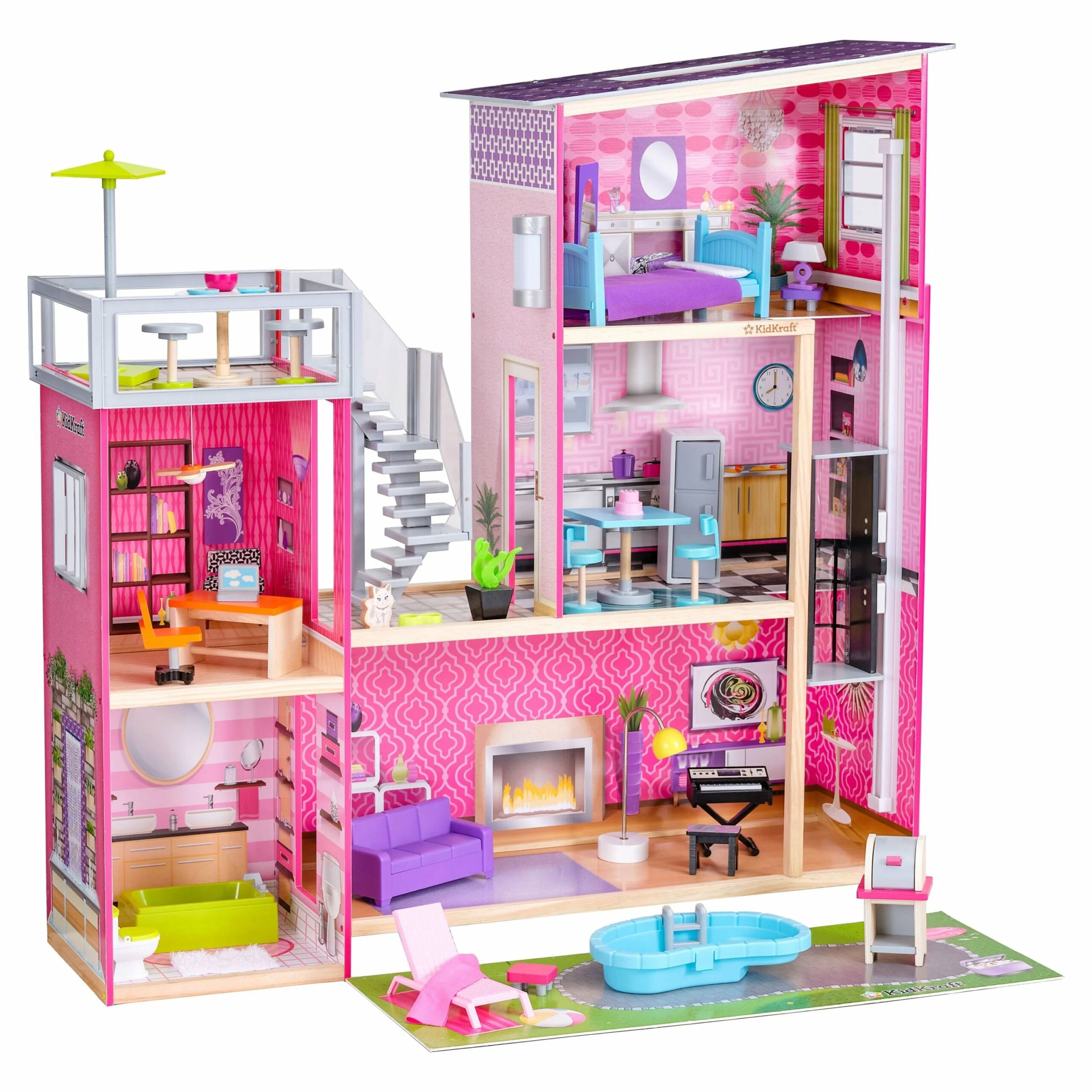 KidKraft Uptown Wooden Dollhouse with Accessories, 3-Floor Playhouse for 12′′ Dolls, Ages 4+