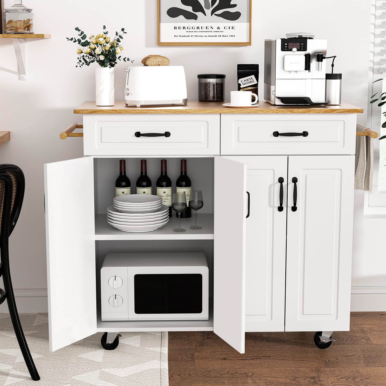 4 EVER WINNER White Kitchen Island Cart, Rolling with Storage, Drawers & Cabinets, Wood Countertop, Towel Racks, Adjustable Shelves