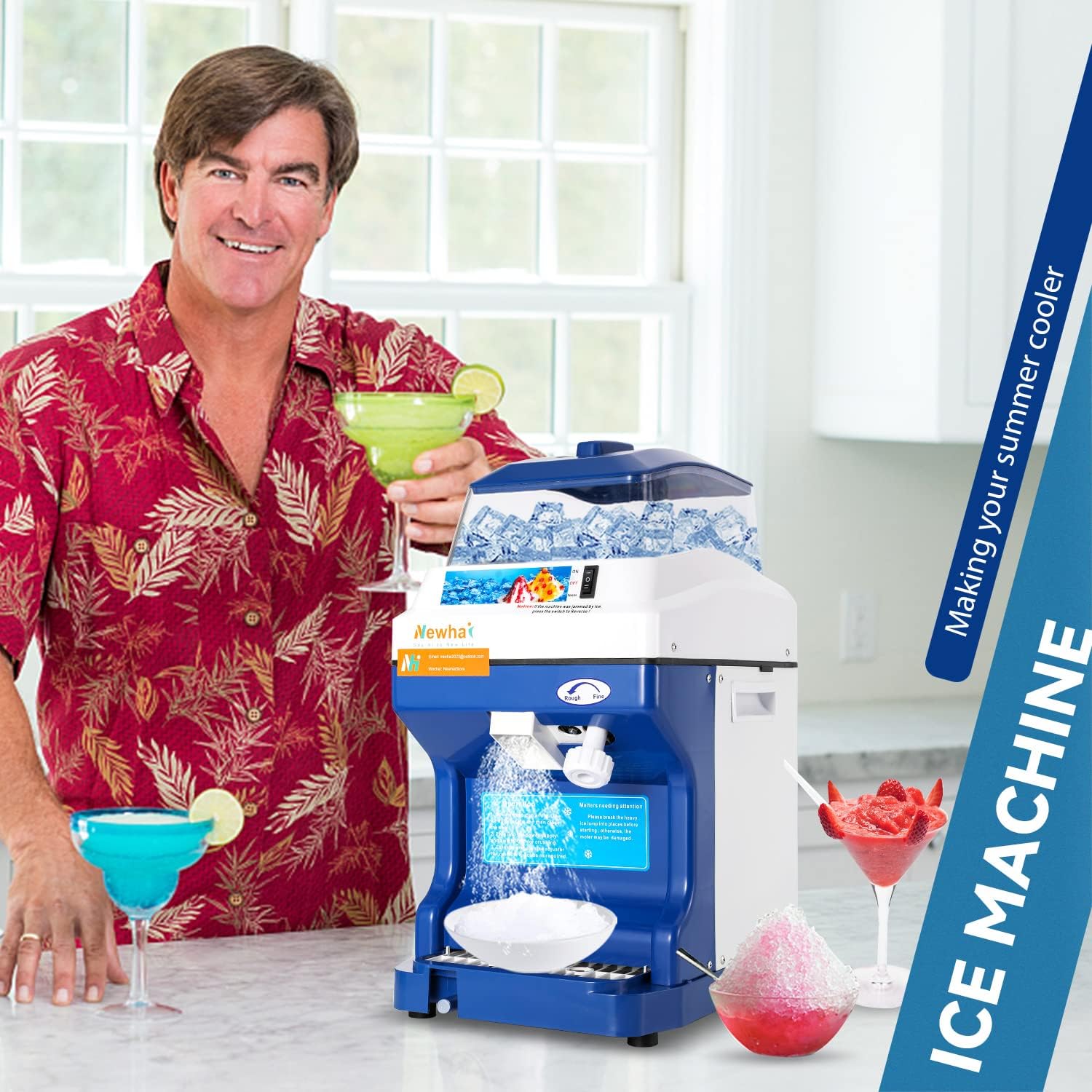 Newhai Commercial Ice Shredder 300W, Adjustable Thickness, 441 lb/h, Stainless Steel Snow Cone Machine