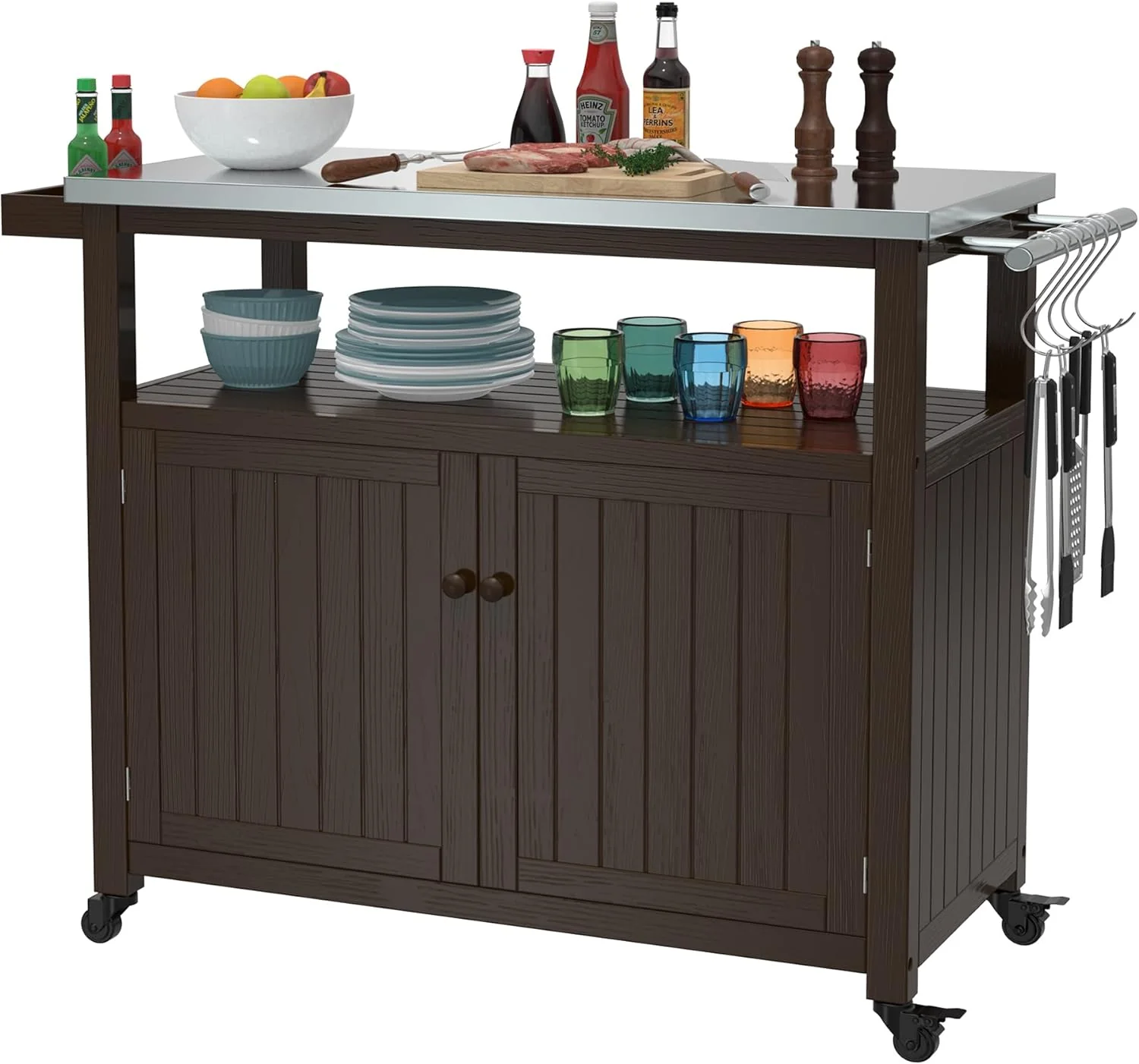 Premium Outdoor Storage Cabinet & Grill Table – Solid Wood, Stainless Steel Top, Dark Brown, Mobile with Wheels