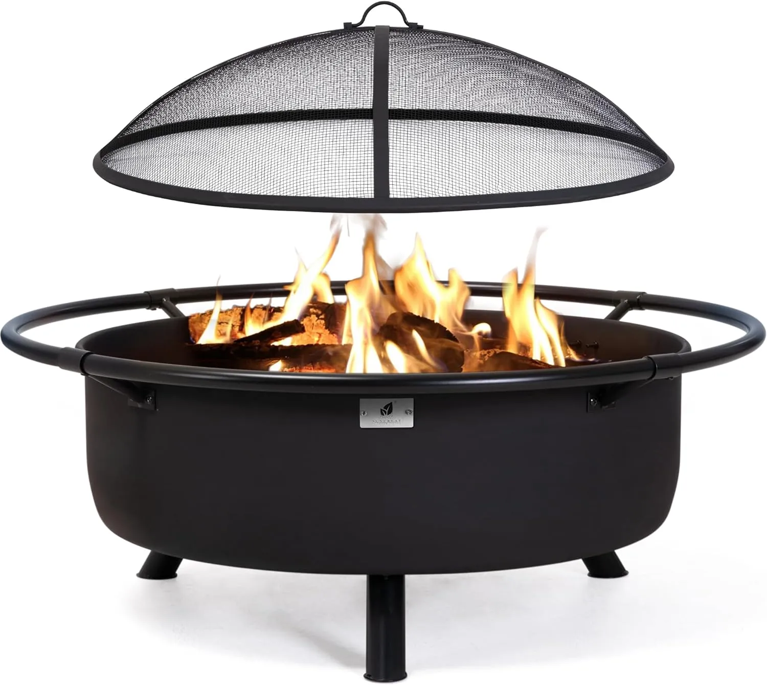 SUNCREAT 42′′ Alloy Steel Outdoor Fire Pit, Wood Burning with Spark Screen & Poker, Black, Round Garden Fireplace