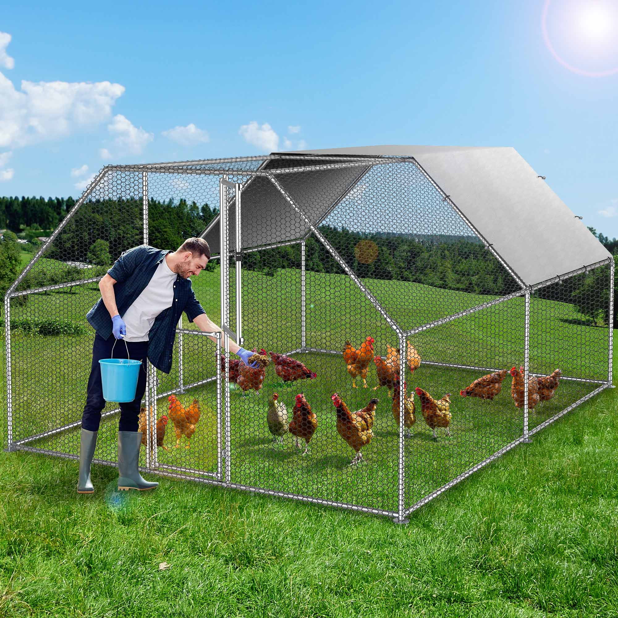 2025 Cercado para gallinas Dextrus 40 x 30 x 2 m – gran gallinero metálico en forma de flecha, con acceso a la perrera, jaula para aves exterior con cubierta impermeable y malla, para jardín y espacios exteriores.