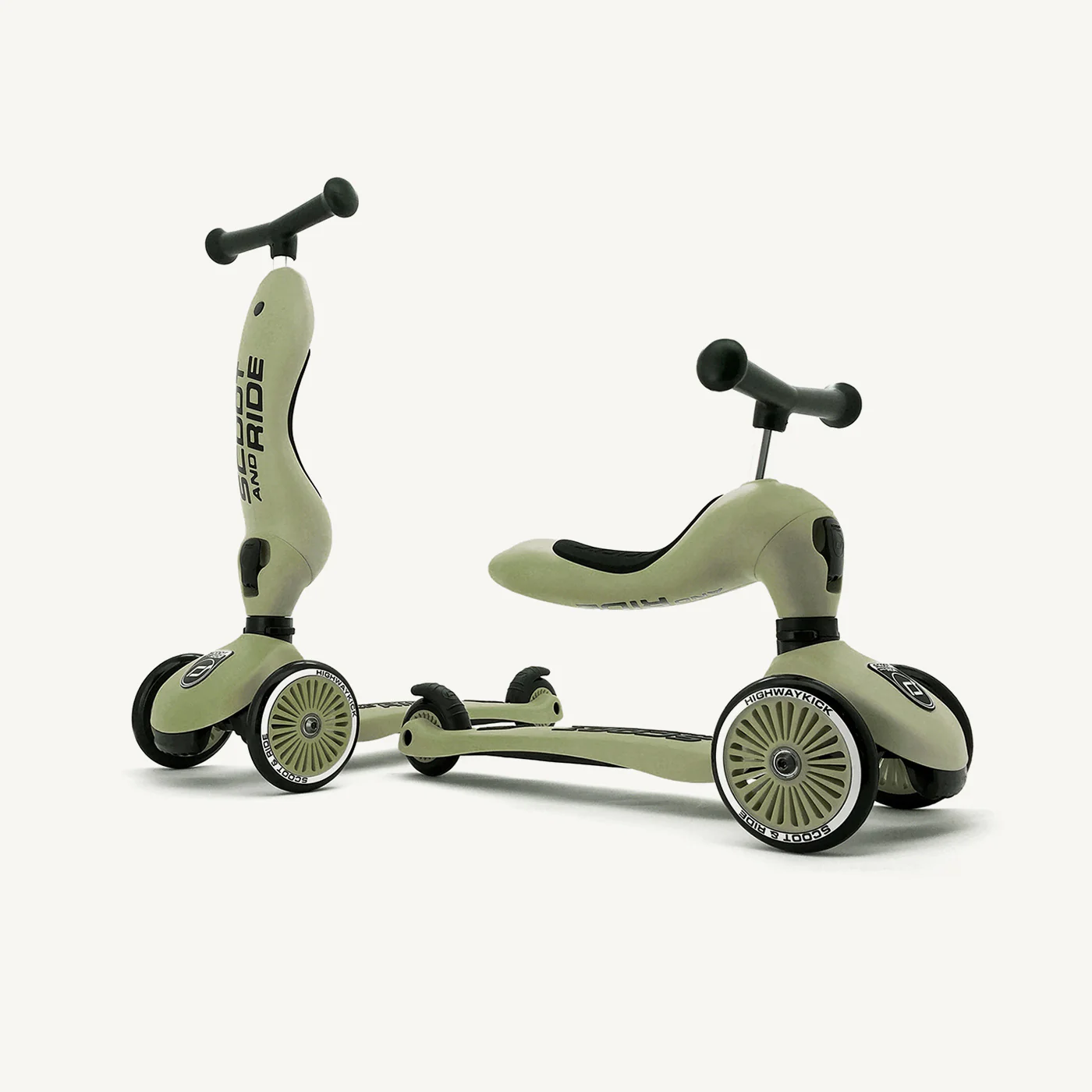 2026 Scoot and Ride Bicicleta sin pedales y Patinete 2 en 1 – Highwaykick 1 – Oliva