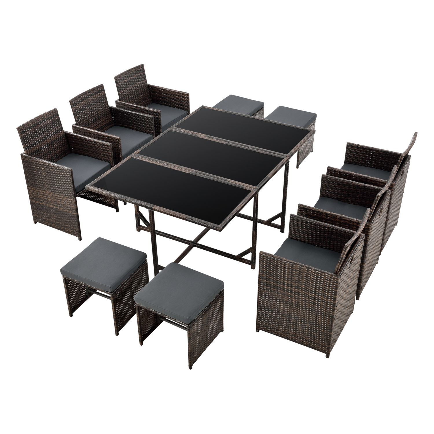 Set De Muebles De Jardín Laredo - 11-piezas - Conjunto De Muebles De Exterior Con Cojines - Terraza - Patio - Set De 6 Sillones - 4 Pufs - Mesa - Polyrattan - Marrón Meler [en.casa]®