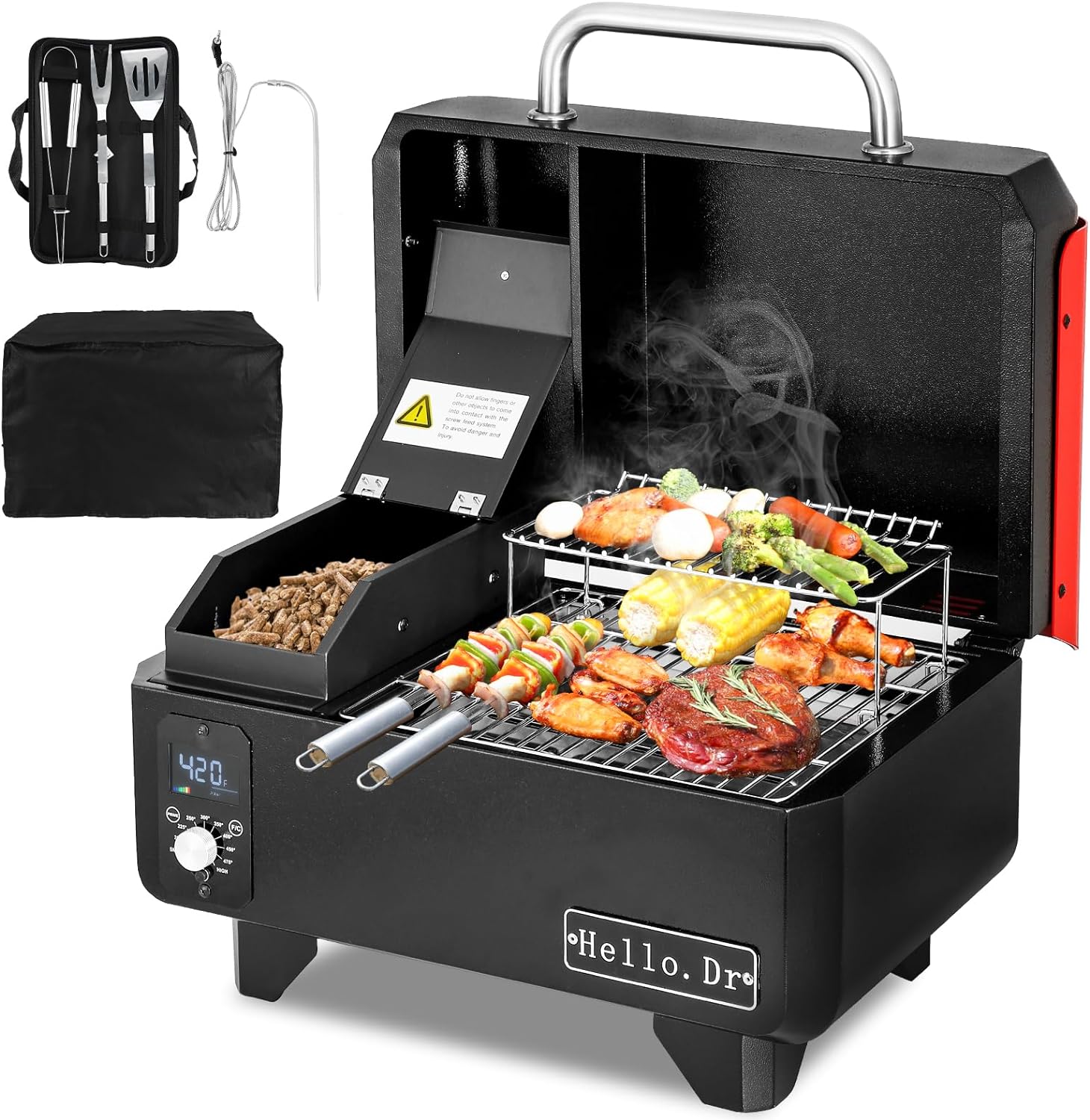 Parrilla y ahumador portátil de pellets de madera, parrilla eléctrica 8 en 1 para RV, picnics y cocina al aire libre, con control de temperatura inteligente y tecnología de vapor sobrecalentado.