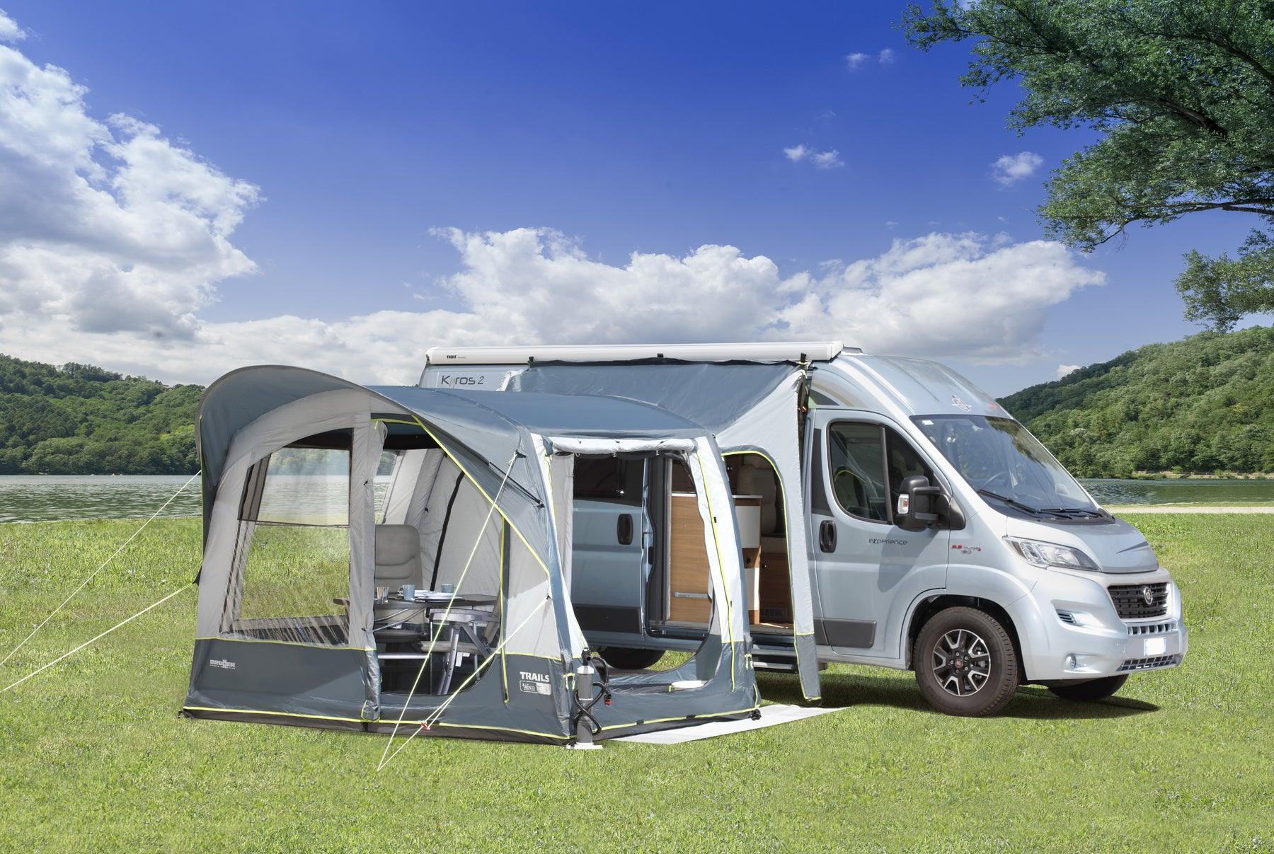 2026 Tienda autoportante para autobuses con estructura hinchable A.I.R. Tech – sin varillas, con vestíbulo de conexión, mosquiteras y protección contra la lluvia