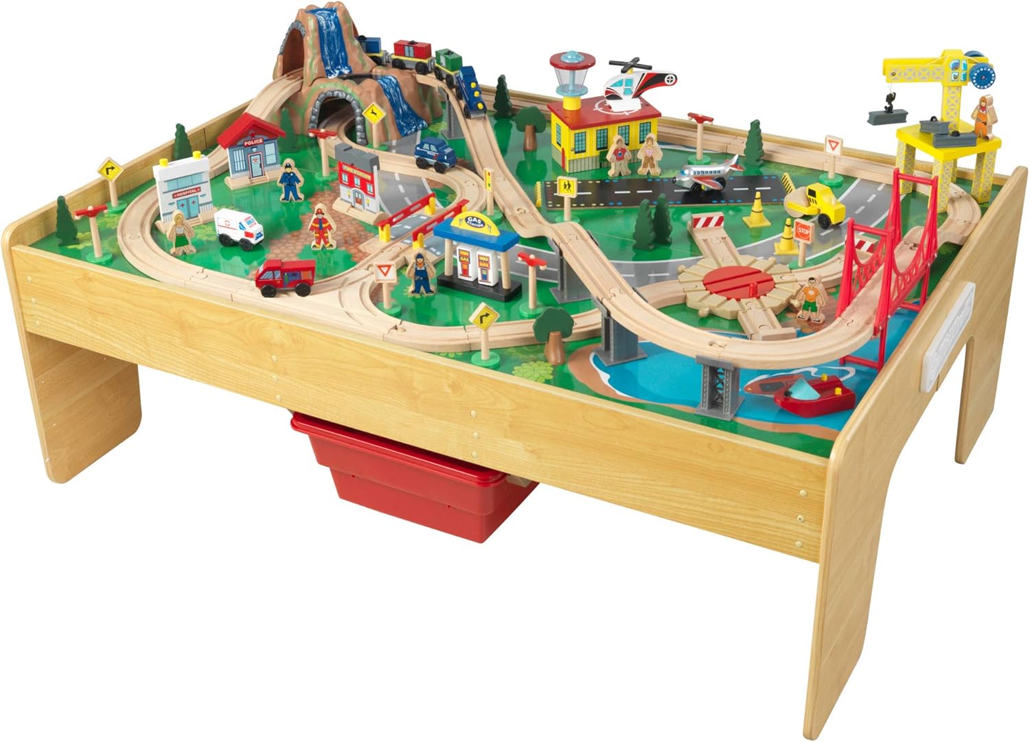KidKraft Waterfall Mountain Wooden Train and Table Set with Storage Boxes, Railway Circuit with Cars, Helicopter and Plane Toy Children 3+ Years (17850)