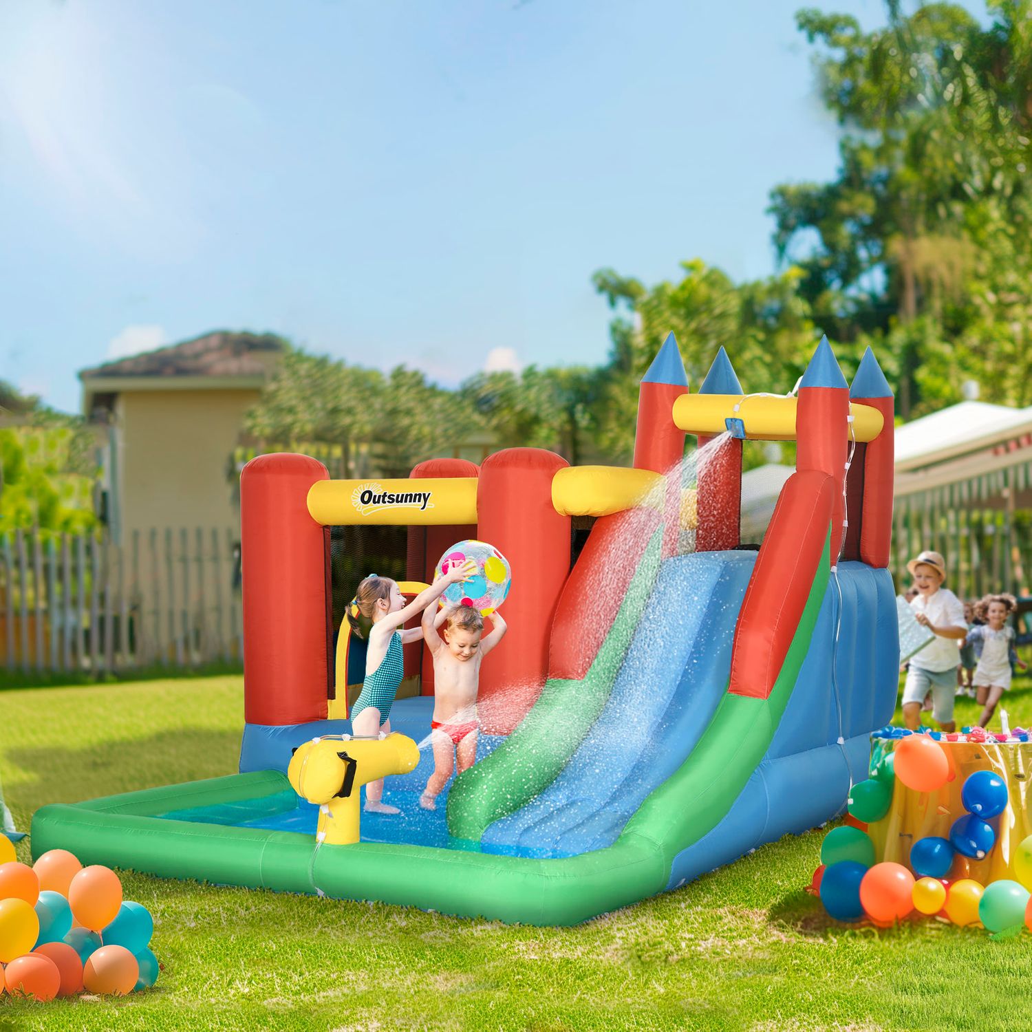 Castillo Hinchable Con Trampolín Piscina Tobogán Multicolor Outsunny