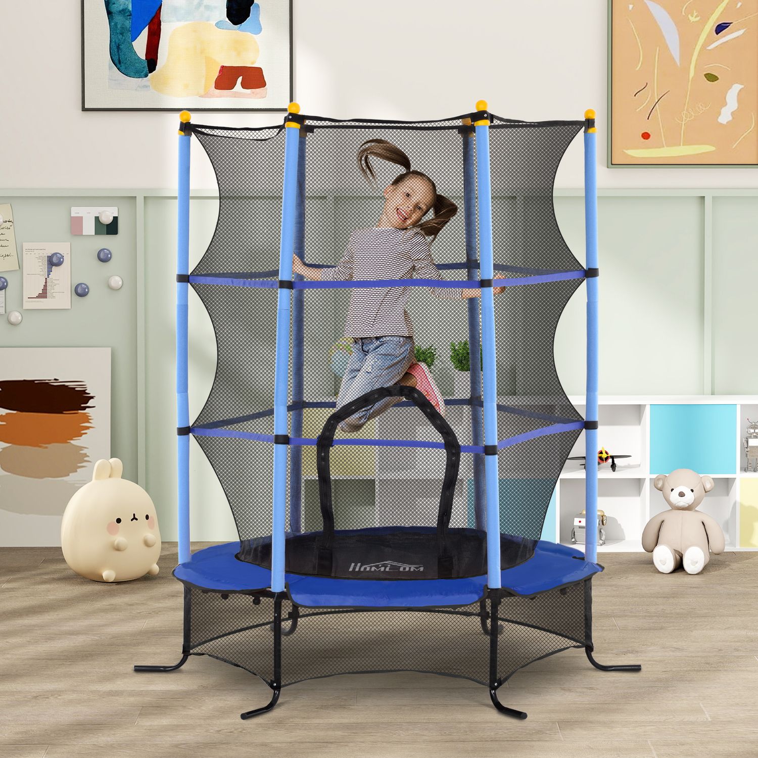 Cama Elástica Infantil Ø163 Cm Con Red De Seguridad Azul Homcom