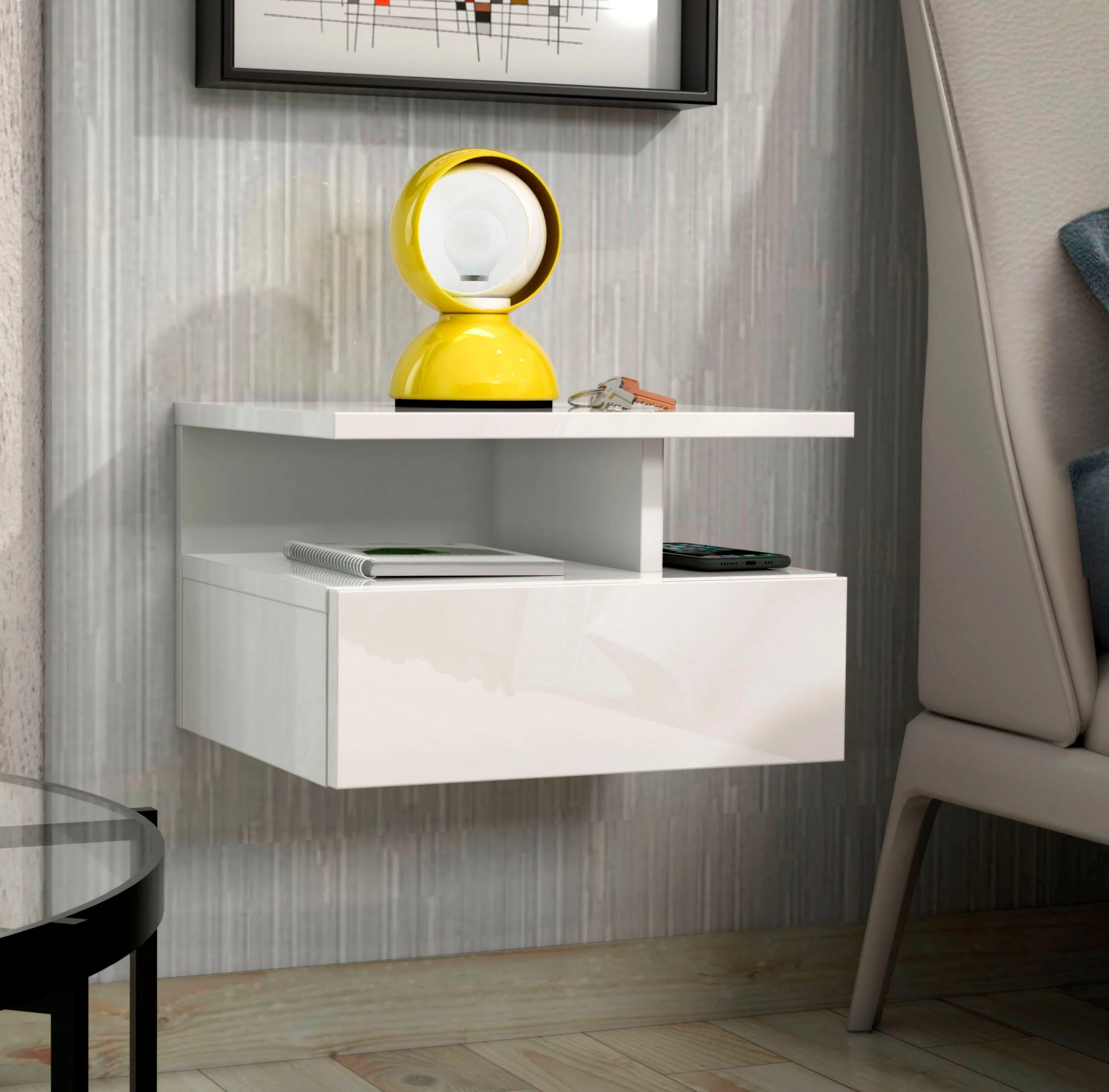 Mesita de noche suspendida Roma blanco brillante, con diseño minimalista de 35,5 cm de ancho