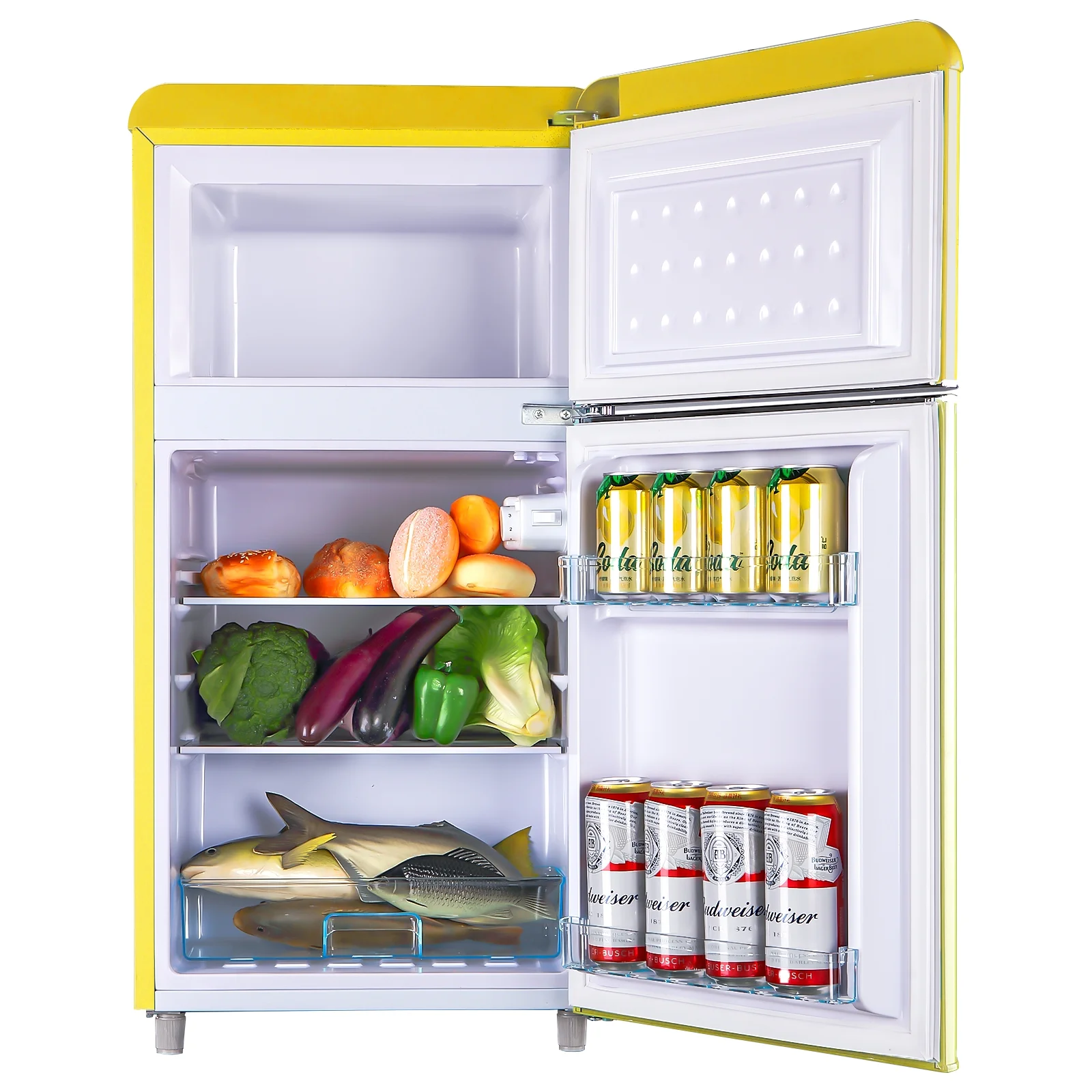 Mini refrigerador WANAI, 3.5 pies cúbicos, doble puerta con congelador, amarillo