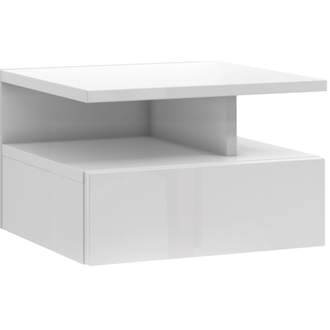 Mesita de noche suspendida Roma blanco brillante, con diseño minimalista de 35,5 cm de ancho