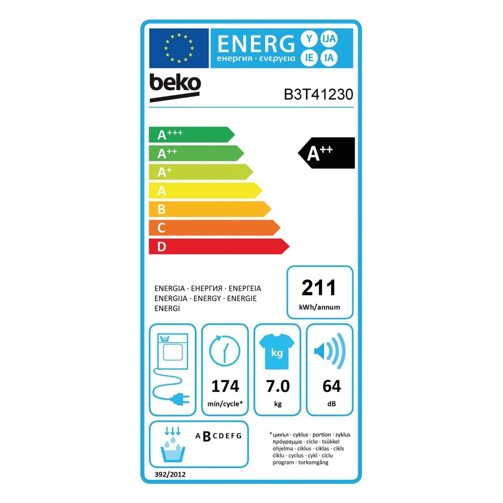 2026 Secadora de bomba de calor Beko B3T41230 7 kg A++ blanco