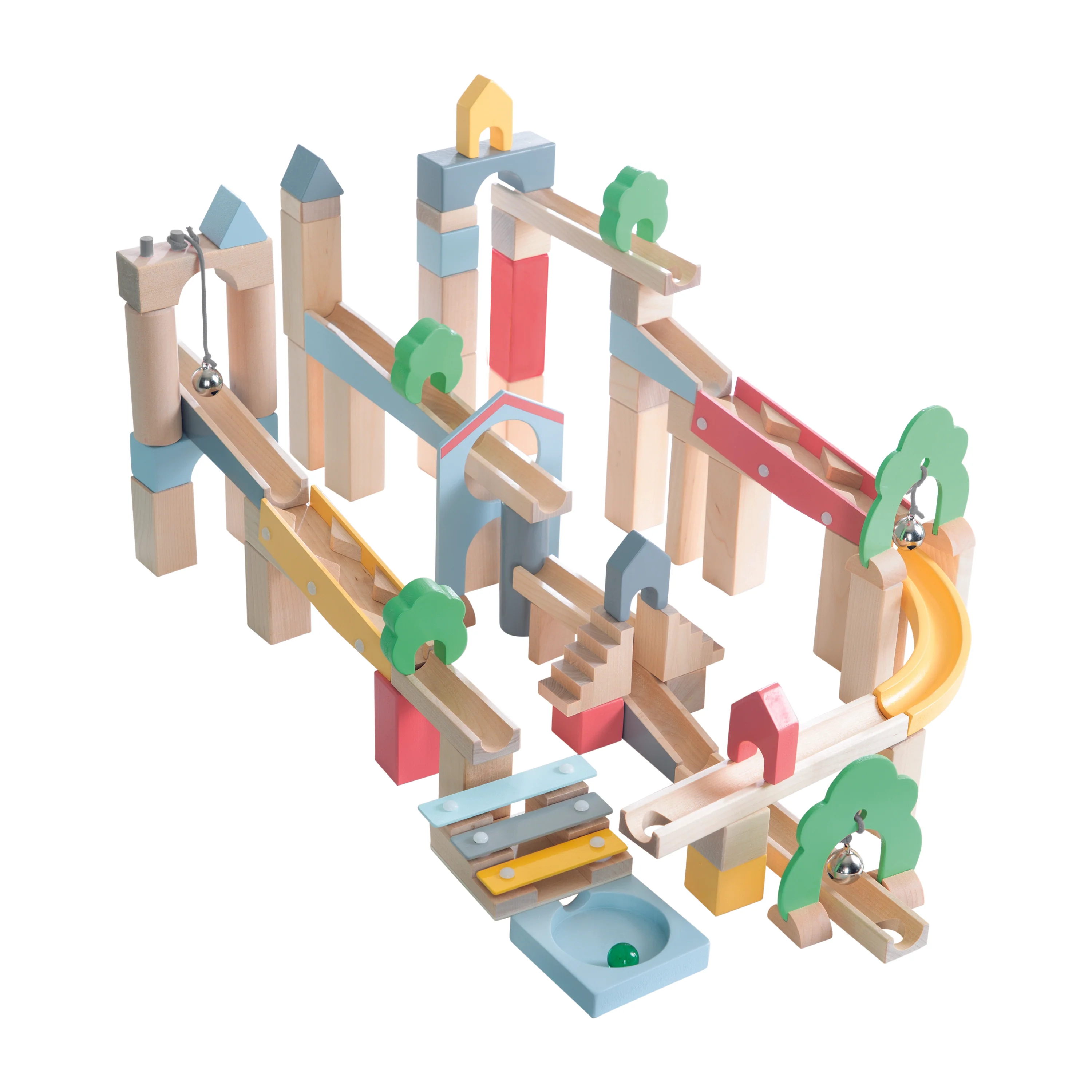Circuito de canicas de madera, 60 piezas, incluye set de expansión de 20 piezas para construcción de paisajes