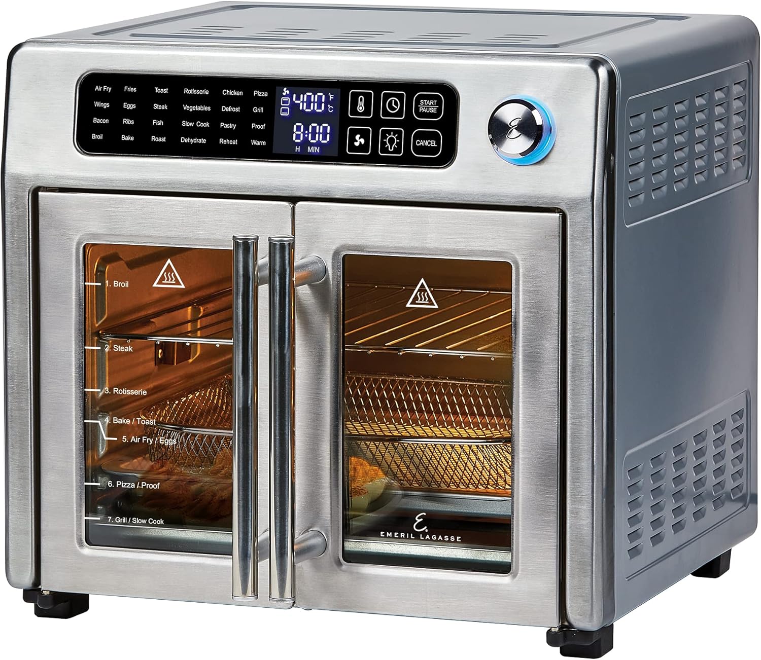 2026 Horno tostador de convección y freidora de aire extra grande de 26 QT Emeril Lagasse con puertas francesas, acero inoxidable