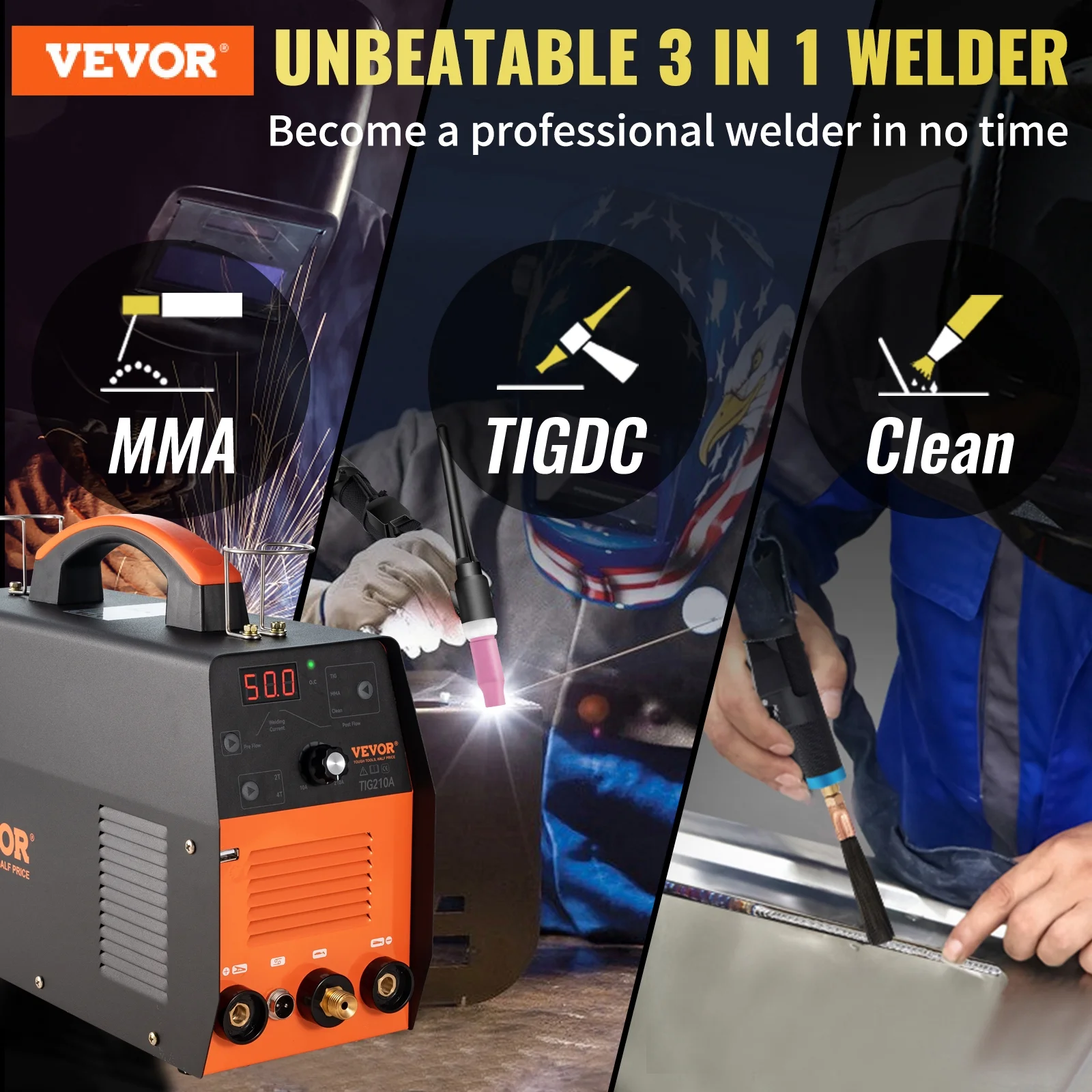 2026 Soldadora TIG VEVOR 210A 3-en-1, bi-tensión 110/220V, modos HF TIG / MMA / limpieza con USB, inversor IGBT y antorcha, máquina de arco digital para acero inoxidable, hierro, acero estructural, cobre y níquel