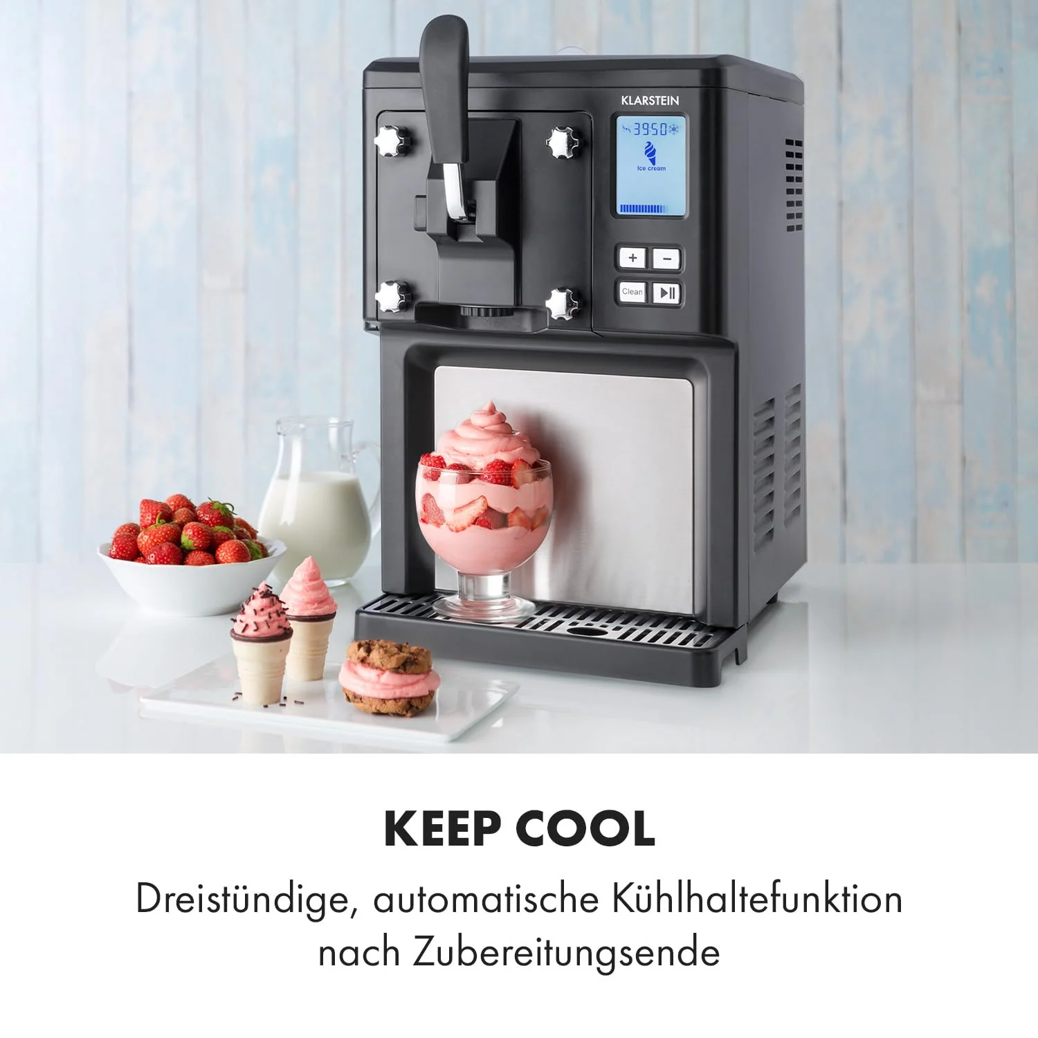 2026 Máquina para Hacer Helado Klarstein Sweet Sundae – 1,5L, Compresor con Auto-Refrigeración, 200W, Dispensador Integrado, Función de Mantener Frío 3h, Limpieza Automática – Acero Inoxidable, Negra