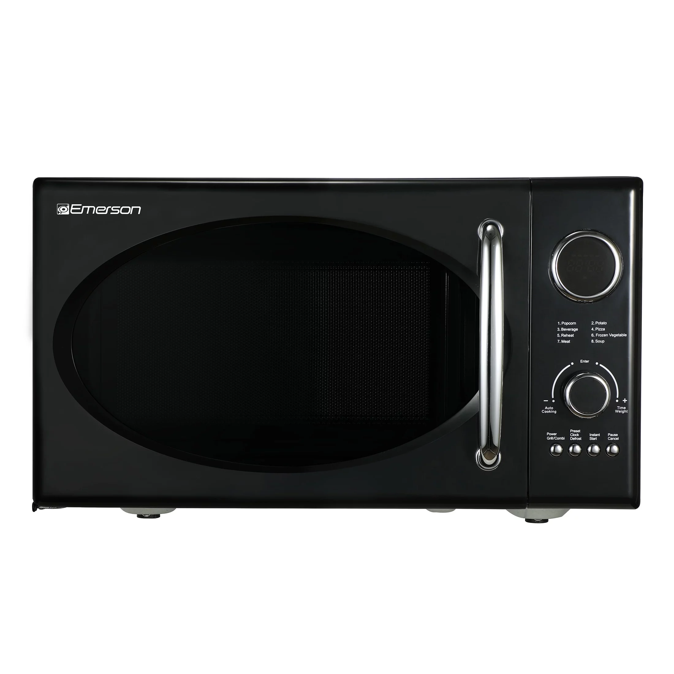2025 Microondas retro negro Emerson 0,9 pies³ 800 W con función grill, modelo MWRG0901BK.