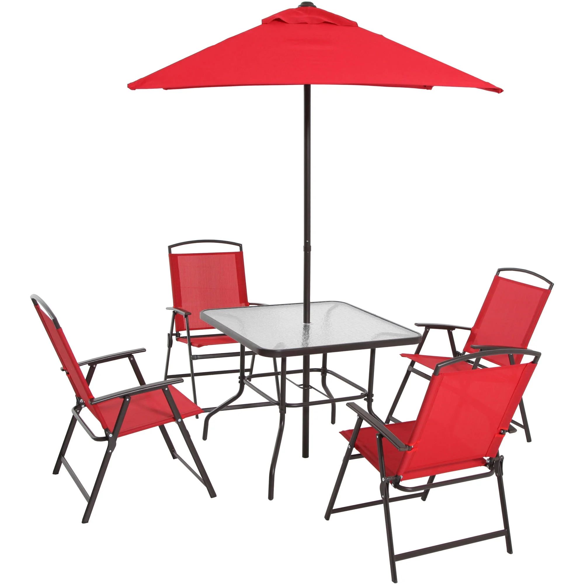 2026 Juego de comedor exterior Mainstays Albany Lane de 6 piezas con sombrilla, acero, rojo
