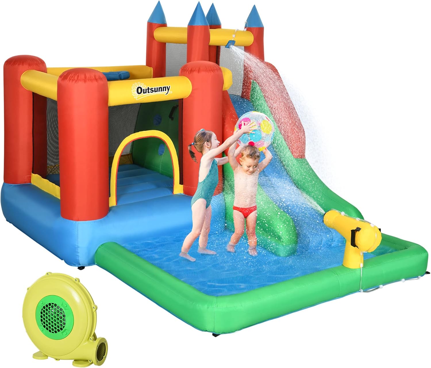 Outsunny Castillo Hinchable para Niños +3 Años Castillo Inflable con Inflador Parque Acuático con Tobogán Trampolín Piscina y Bolsa de Transporte 330x245x215 cm Multicolor