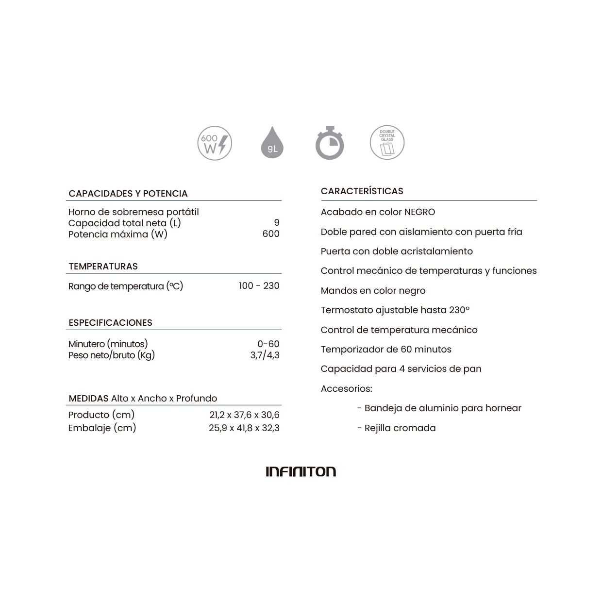 Infiniton Hsm-a9n – Horno Sobremesa, Negro, 9l, 600w, Doble Acristalamiento, Control De Temperatura, Temporizador 60 Min.