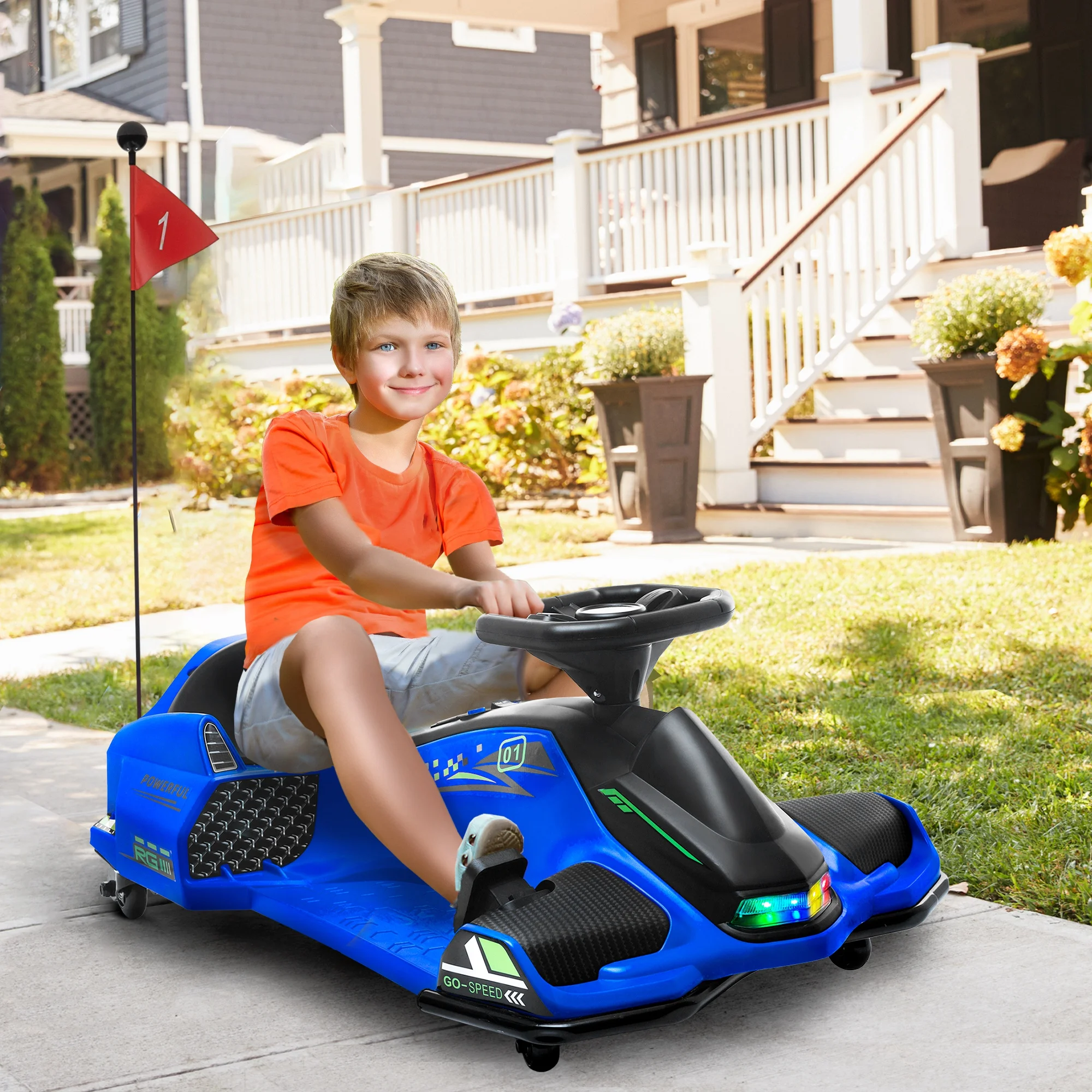 2025 Kart eléctrico Aosom 12 V con arranque progresivo, música y luces, azul.