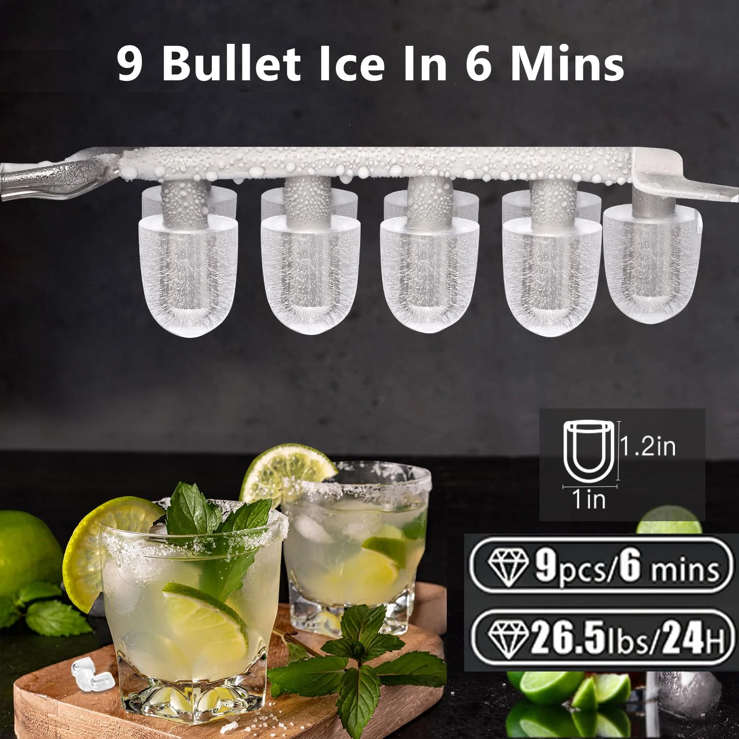 2025 Máquina de hacer hielo de mesa Joy Pebble Bullet con asa, produce 9 cubos de hielo esféricos en 6 minutos, capacidad de 11,8 kg/24 h, máquina portátil con autolimpieza, incluye cesta y pala, ideal para el hogar, cocina, camping y autocaravana.