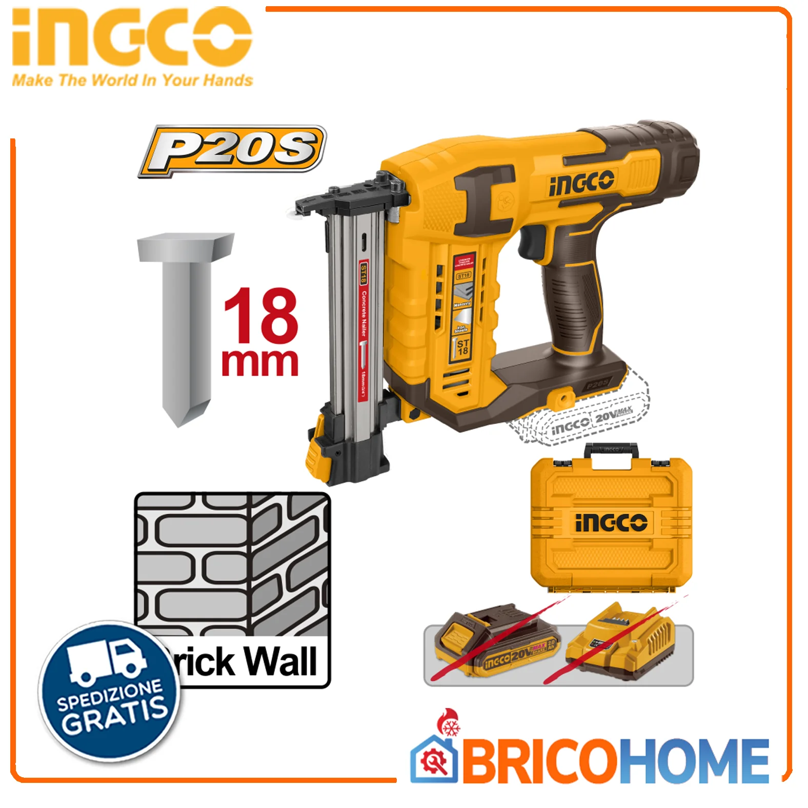 2025 Clavadora para concreto con clavos de 18 mm 20V solo cuerpo - INGCO