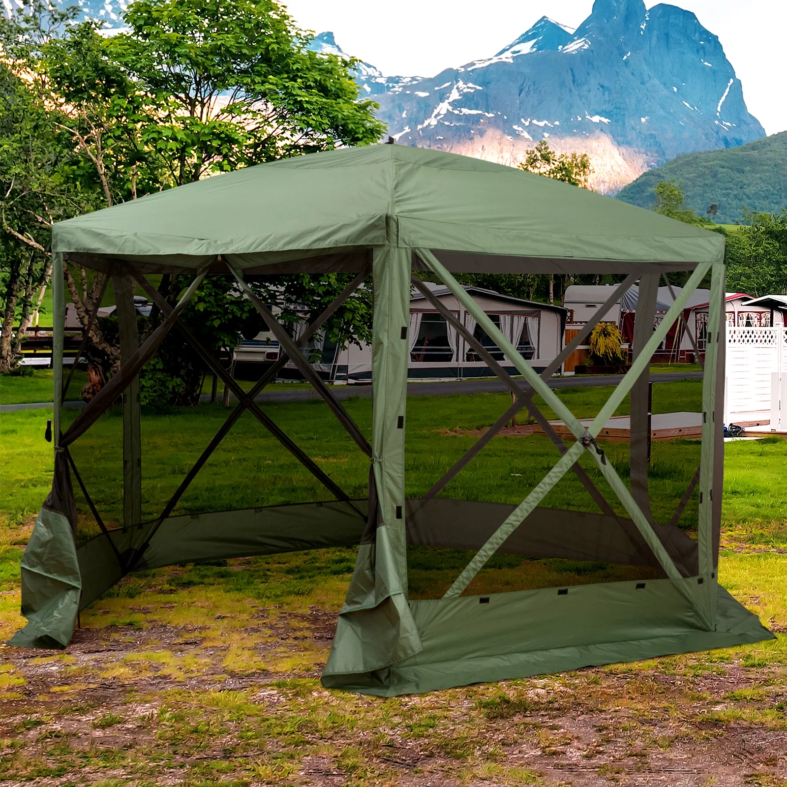 Carpa hexagonal Outsunny 3,6 m x 3,6 m con mosquitera – Pabellón plegable portátil con paredes de malla, bolsa de transporte y espacio sombreado, color verde