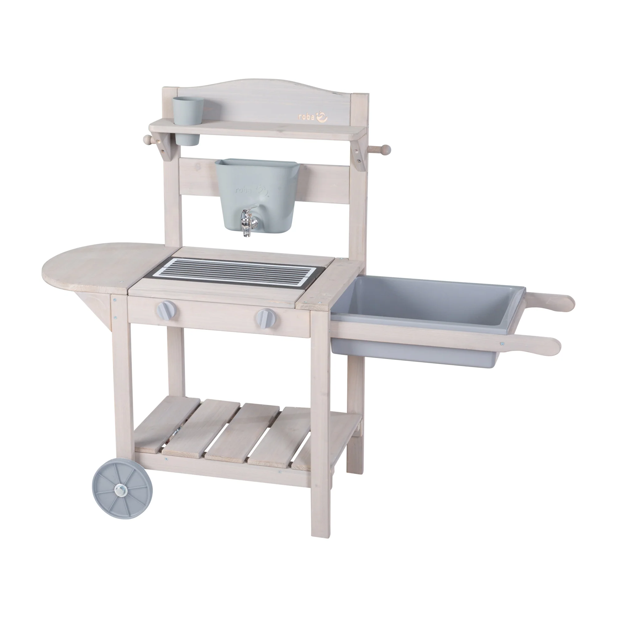 Cocina móvil de juego y barro BBQ para niños – Madera certificada FSC – Acabado en gris grabado