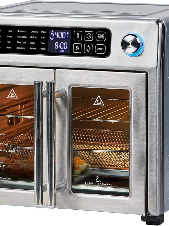 2026 Horno tostador de convección y freidora de aire extra grande de 26 QT Emeril Lagasse con puertas francesas, acero inoxidable