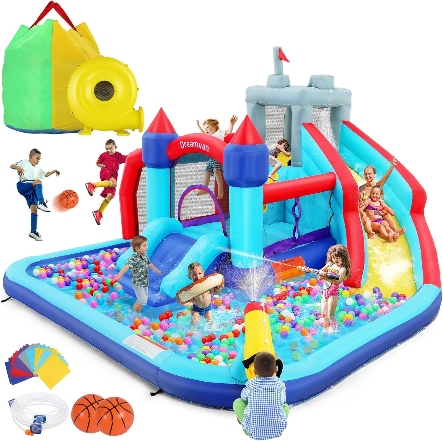 Tobogán acuático inflable 8-en-1 para niños: castillo inflable parque acuático con soplador de 450W, muro de escalada, piscina, 2 pistolas de agua, canasta de baloncesto, tobogán, rociador de cocodrilo – perfecto como regalo y para fiestas en el jard