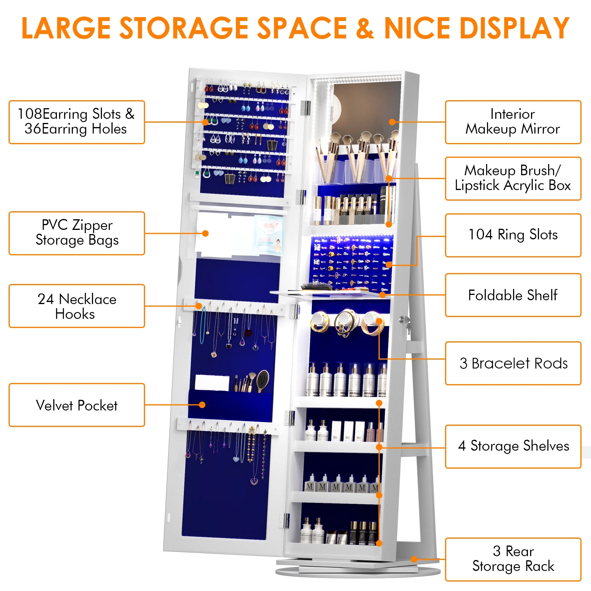 Joyero giratorio LVSOMT con luz LED y espejo de cuerpo entero: almacenamiento elegante de 360°