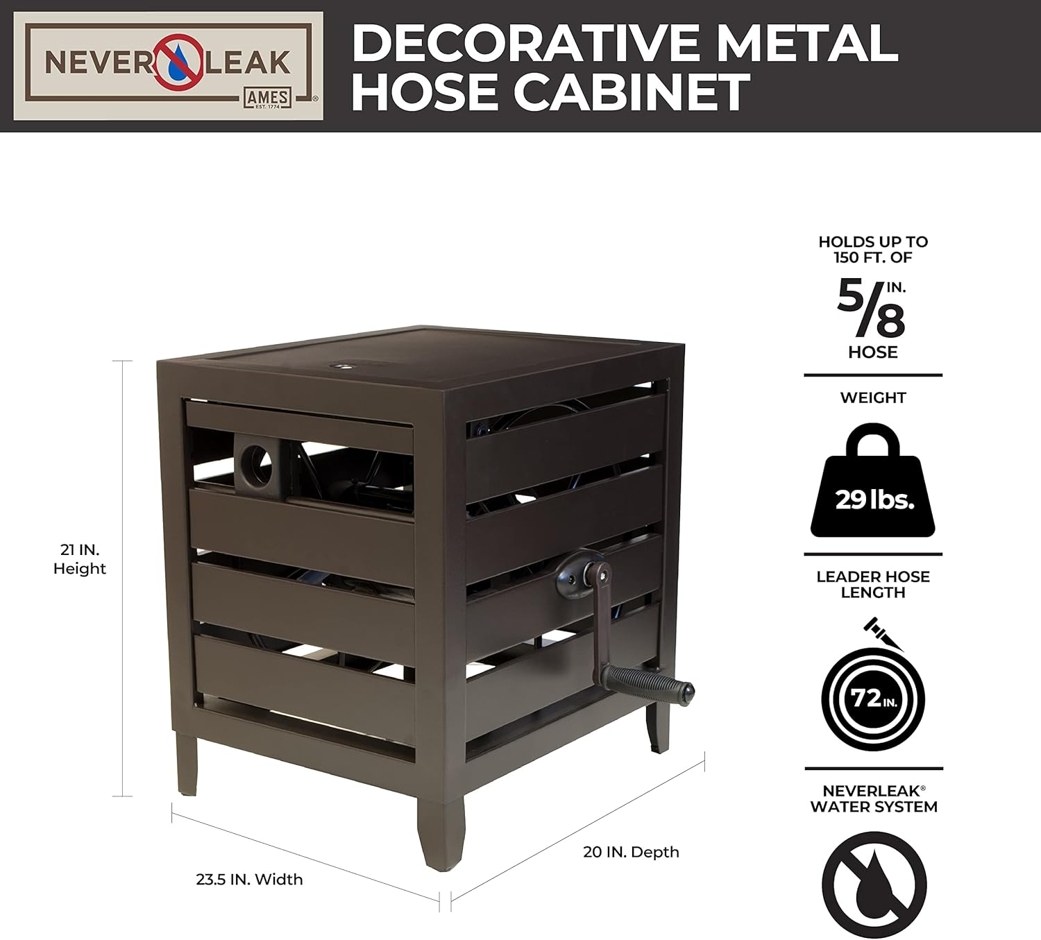 2025 Armario para manguera de metal AMES NeverLeak, capacidad de 150 pies, resistente al frío, color negro