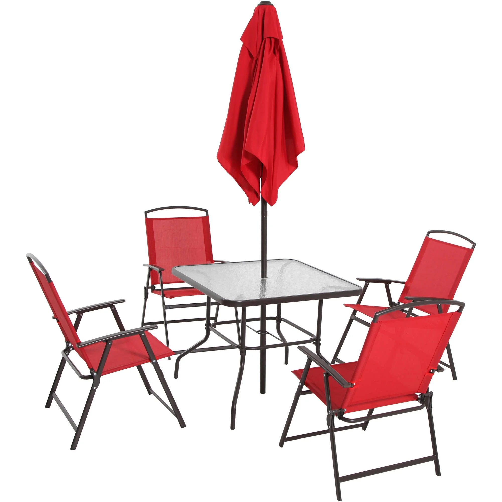 2026 Juego de comedor exterior Mainstays Albany Lane de 6 piezas con sombrilla, acero, rojo