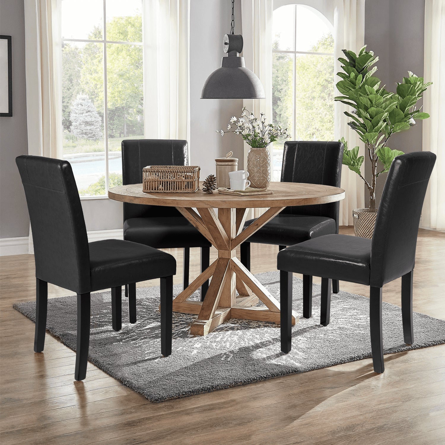 2026 Set de 4 Sillas de Comedor Lacoo Estilo Urbano con Asiento de Cuero PU y Patas de Madera, Color Negro