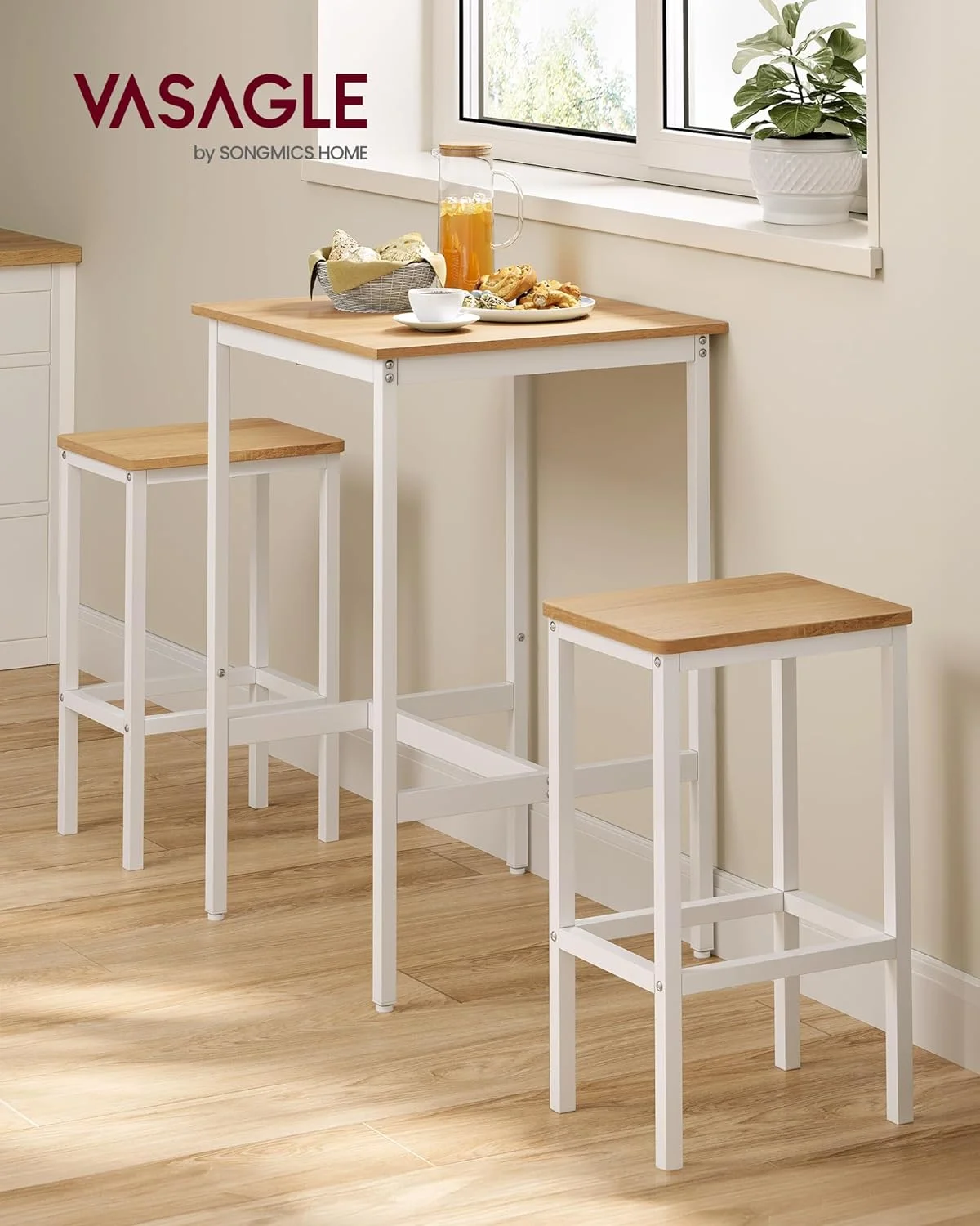 Conjunto de bar con mesa cuadrada y 2 taburetes, set de comedor para 2 personas, ahorro de espacio para cocina, rincón de desayuno, salón, sala de fiestas, en roble dorado y blanco nube