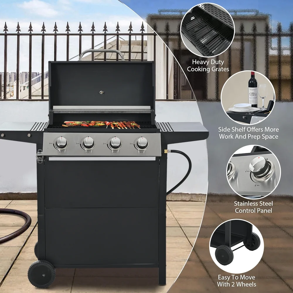 2026 Parrilla a gas SEGMART de 4 quemadores de acero inoxidable – 34,200 BTU, barbacoa para jardín/patio con dos estantes plegables y termómetro, ideal para camping y cocina al aire libre