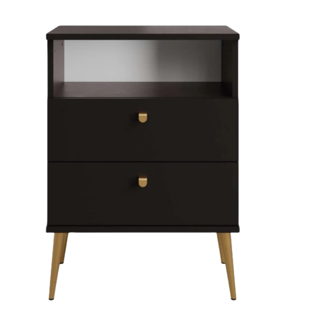 Mesita de noche Elyria con diseño elegante en negro, tiradores metálicos – 50 cm