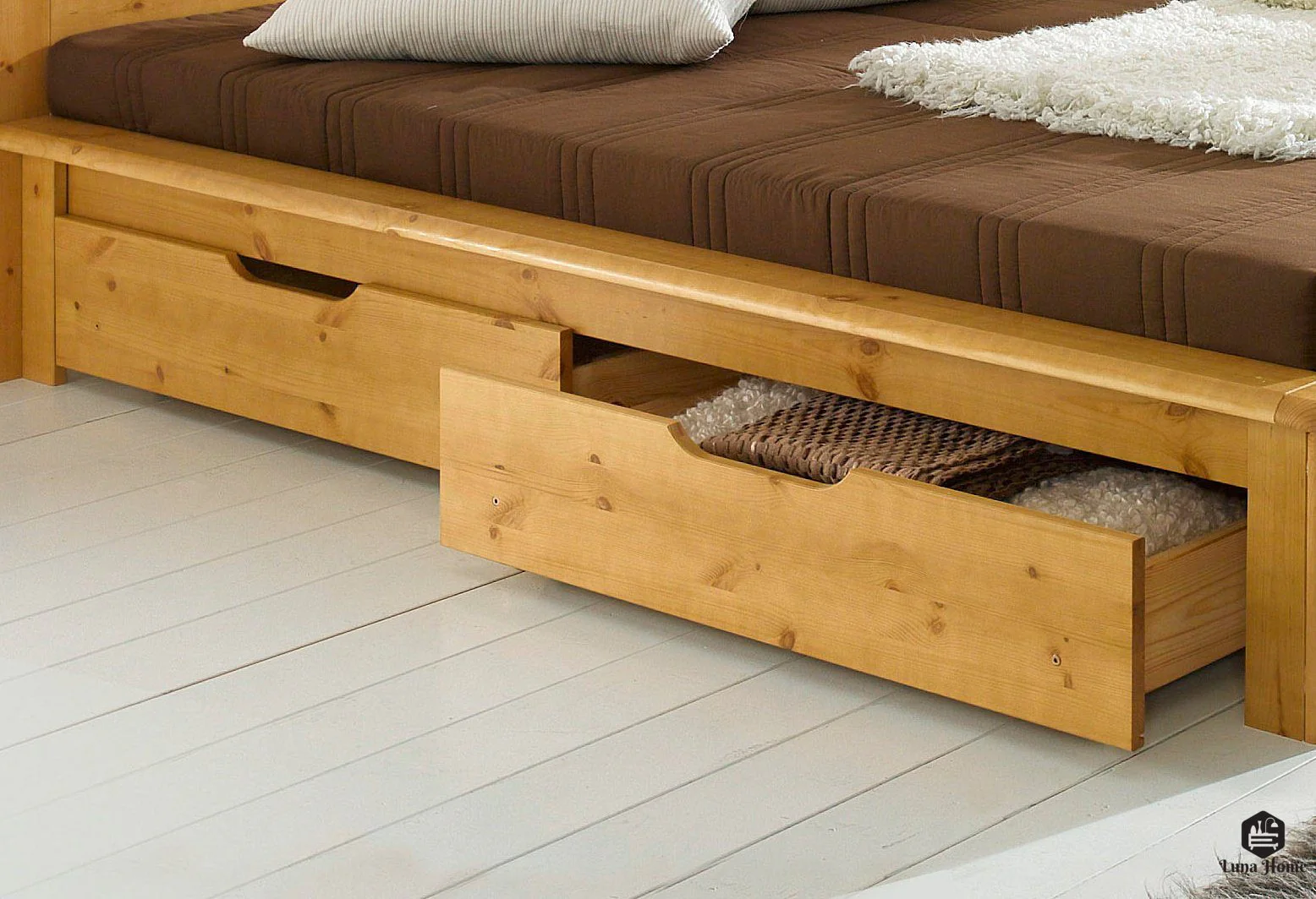 Juego de 2 cajones para cama Finja, de madera de pino natural, 93 cm de longitud 