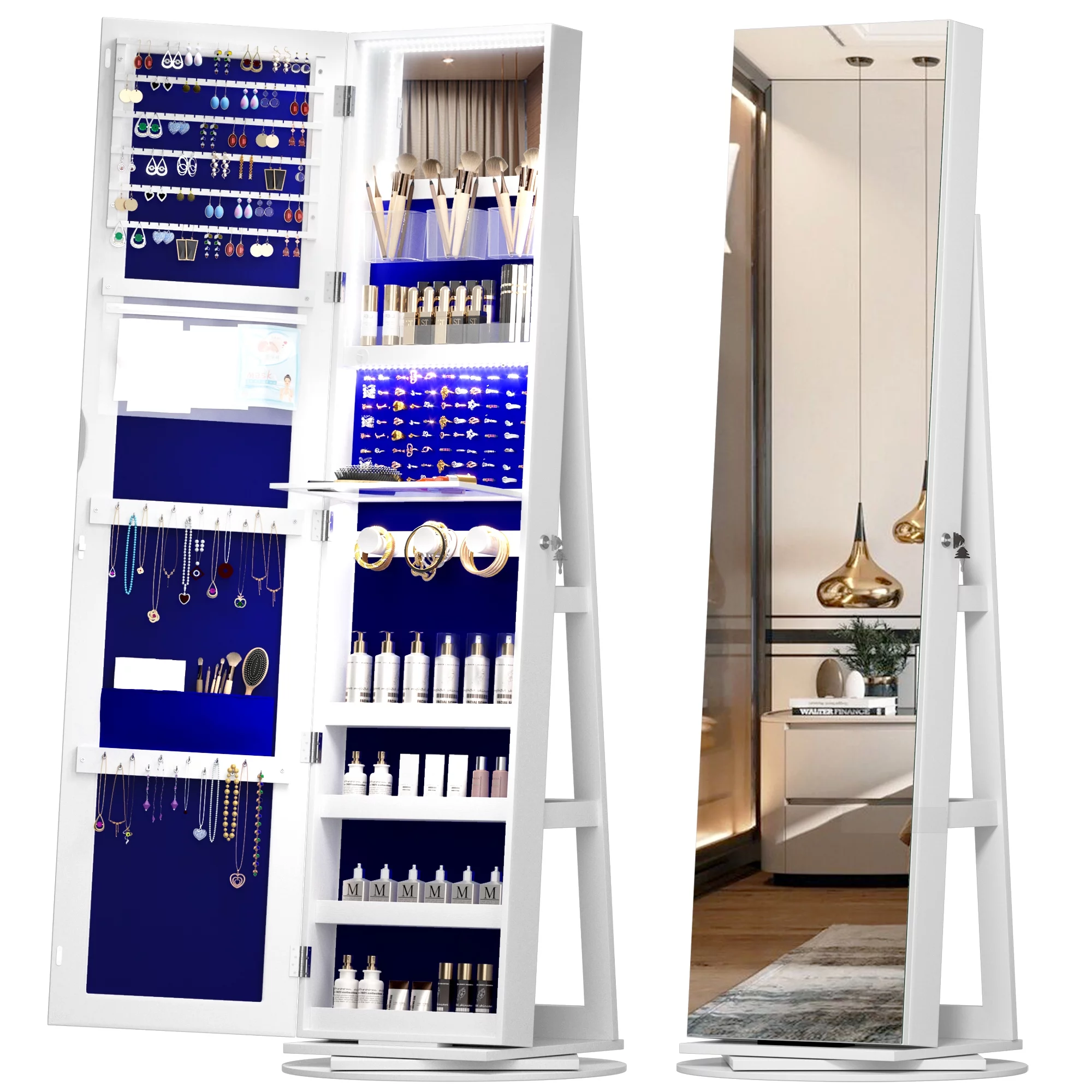 Joyero giratorio LVSOMT con luz LED y espejo de cuerpo entero: almacenamiento elegante de 360°